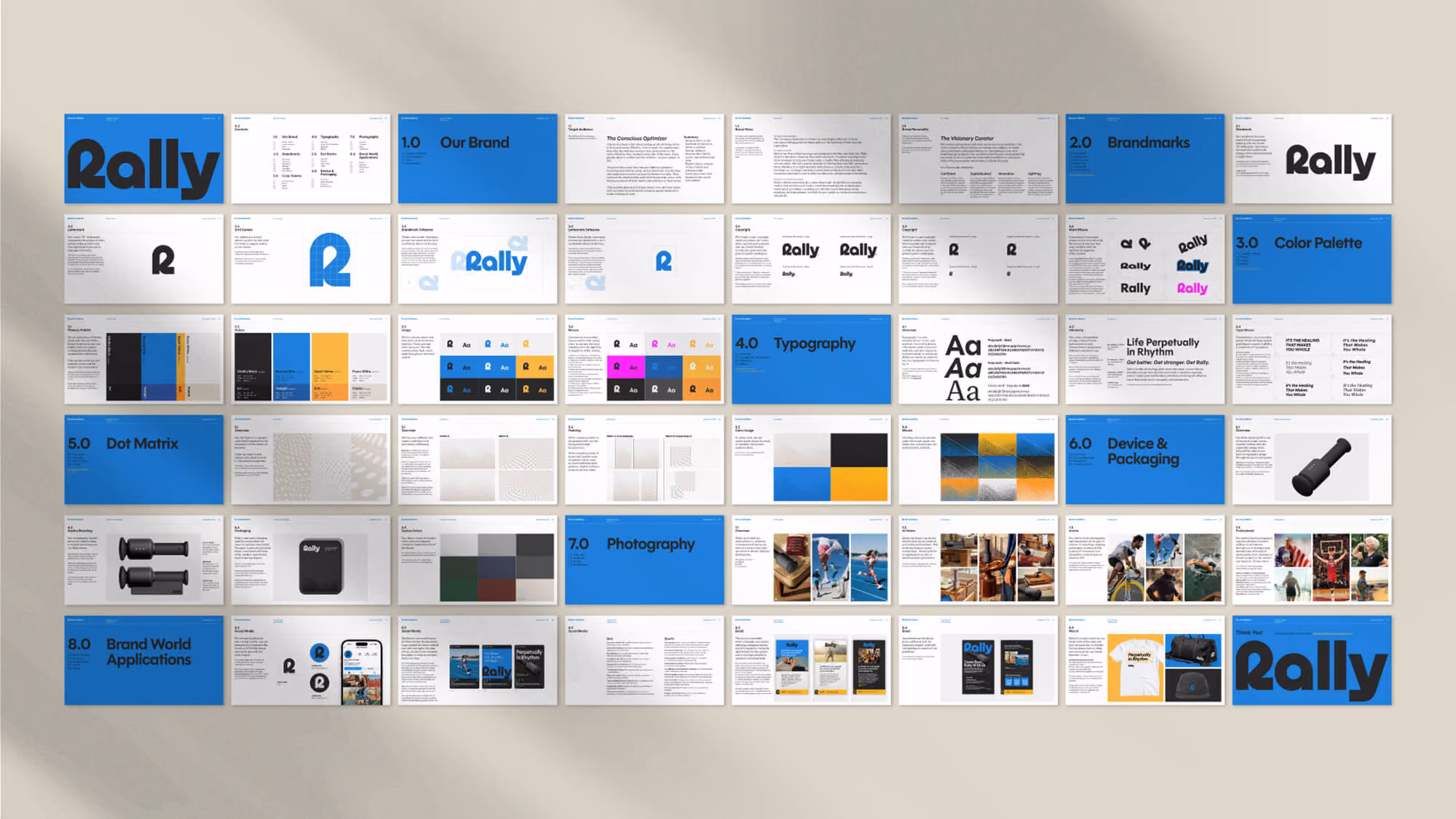 Overhead grid of Rally brand style guide spreads: brandmarks, color, typography, dot matrix, photography, device, packaging.