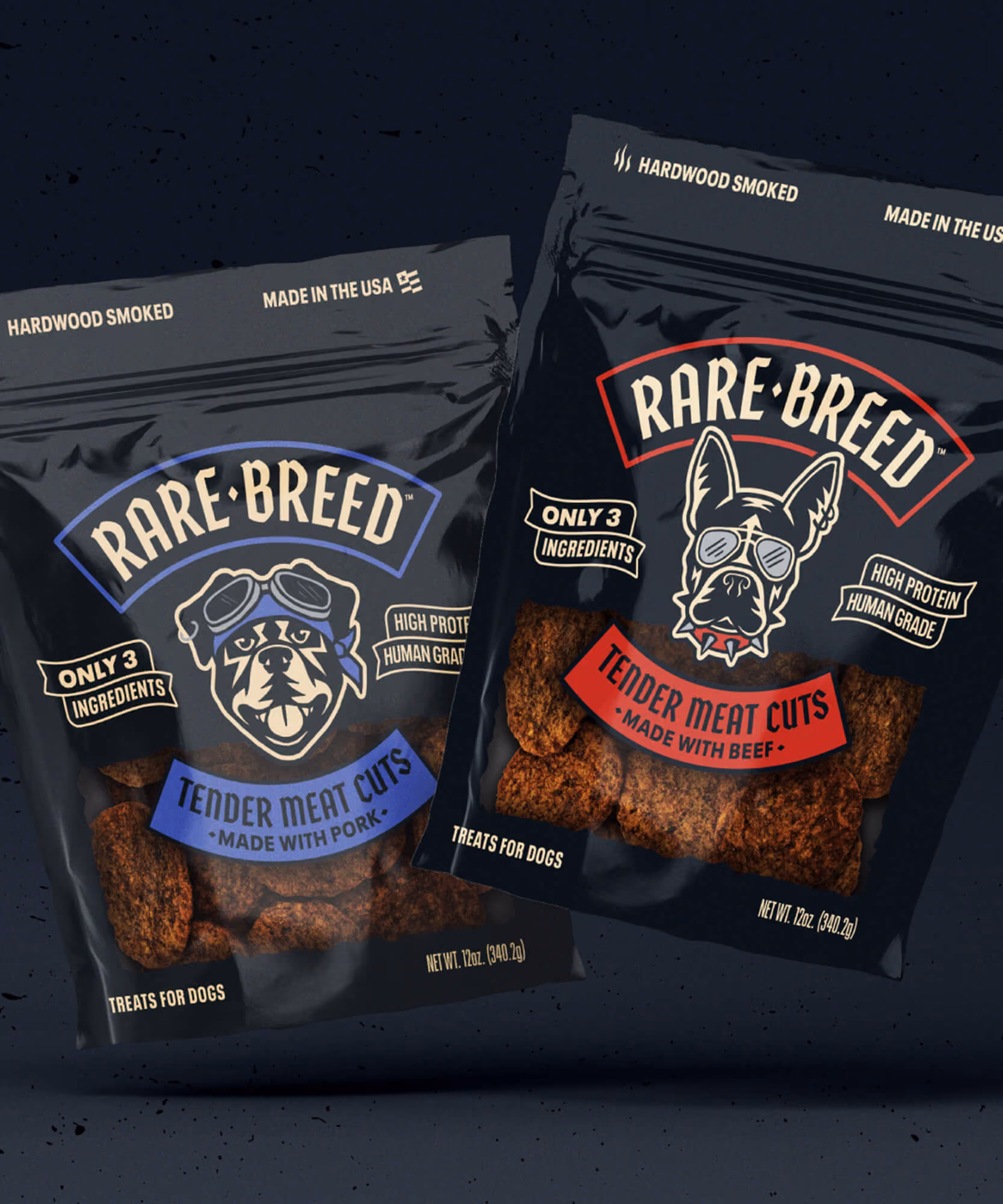 Two black Rare Breed treat pouches: blue 'Made With Pork' bulldog label and red 'Made With Beef' Frenchie label.