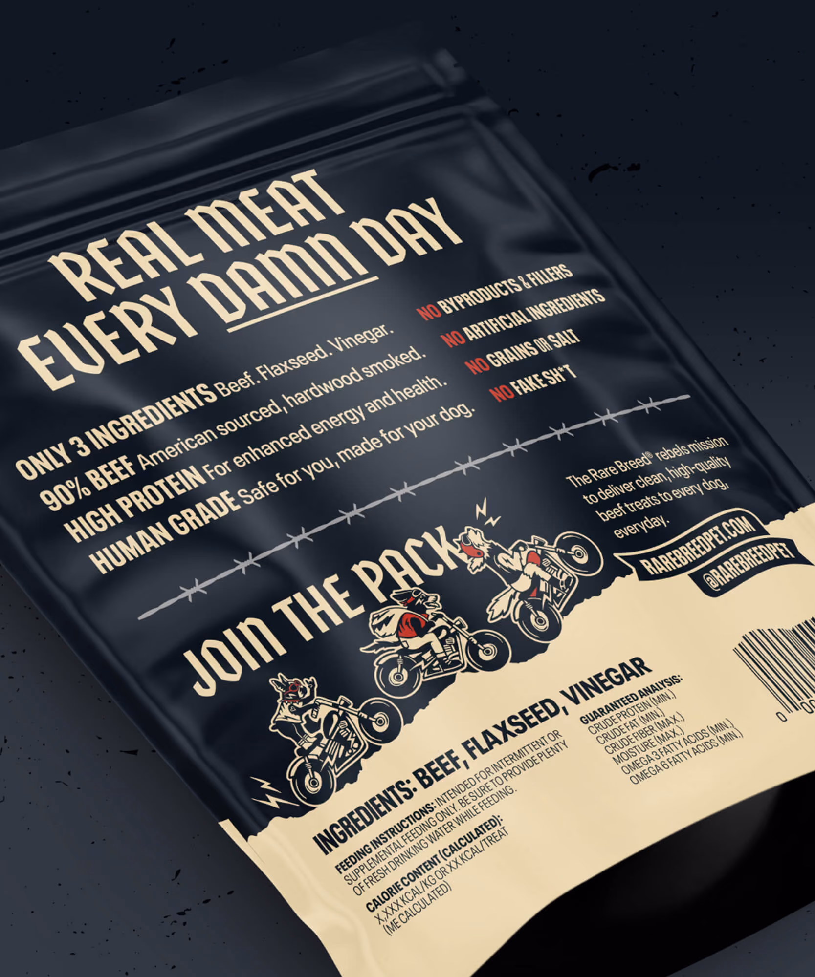 Back of a black Rare Breed pouch reading 'Real meat every damn day' and 'Join the pack' with dogs riding motorcycles.