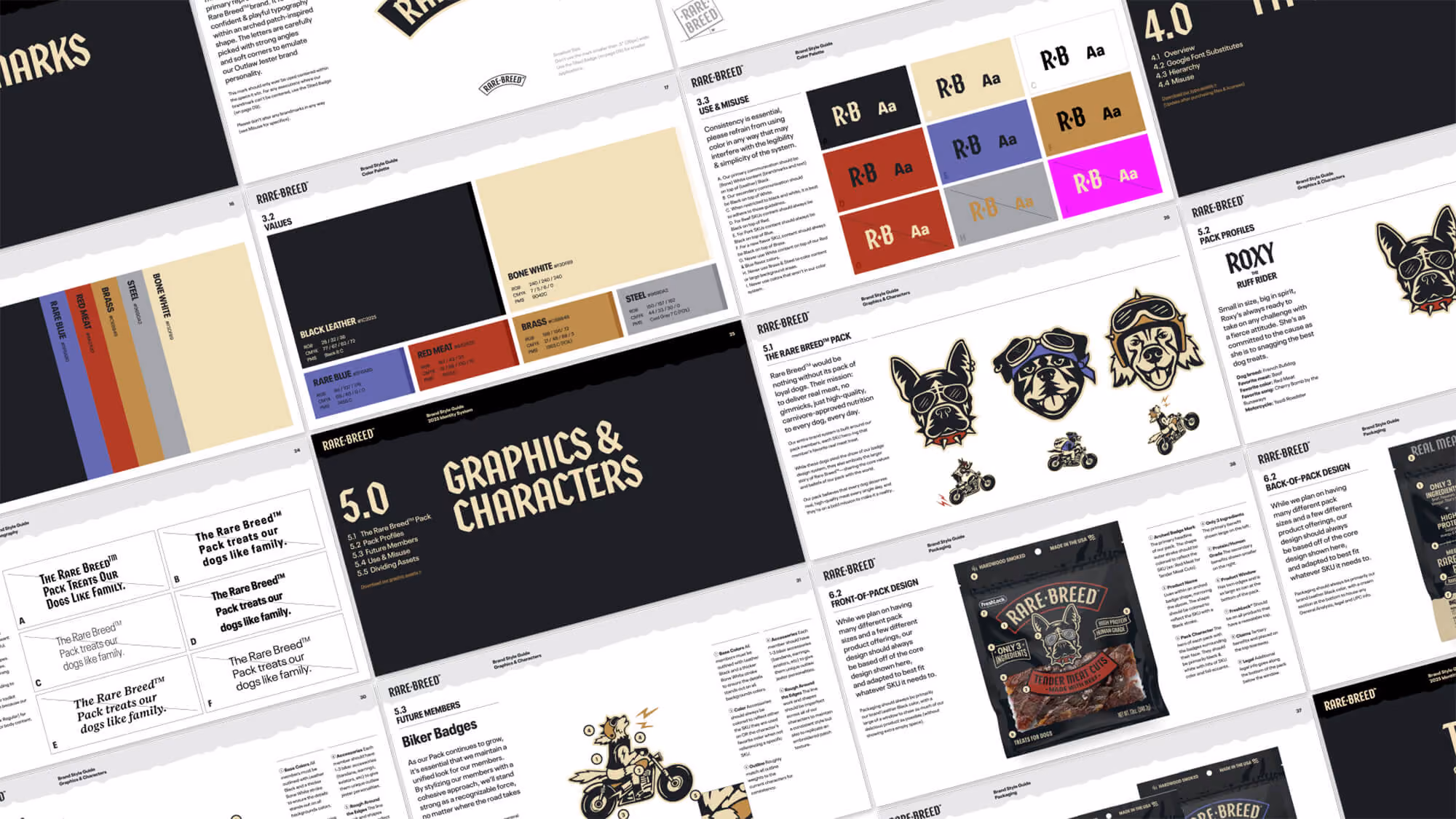 Spread of Rare Breed brand style guide pages: color palette, graphics & characters, Roxy mascot, and biker badges.