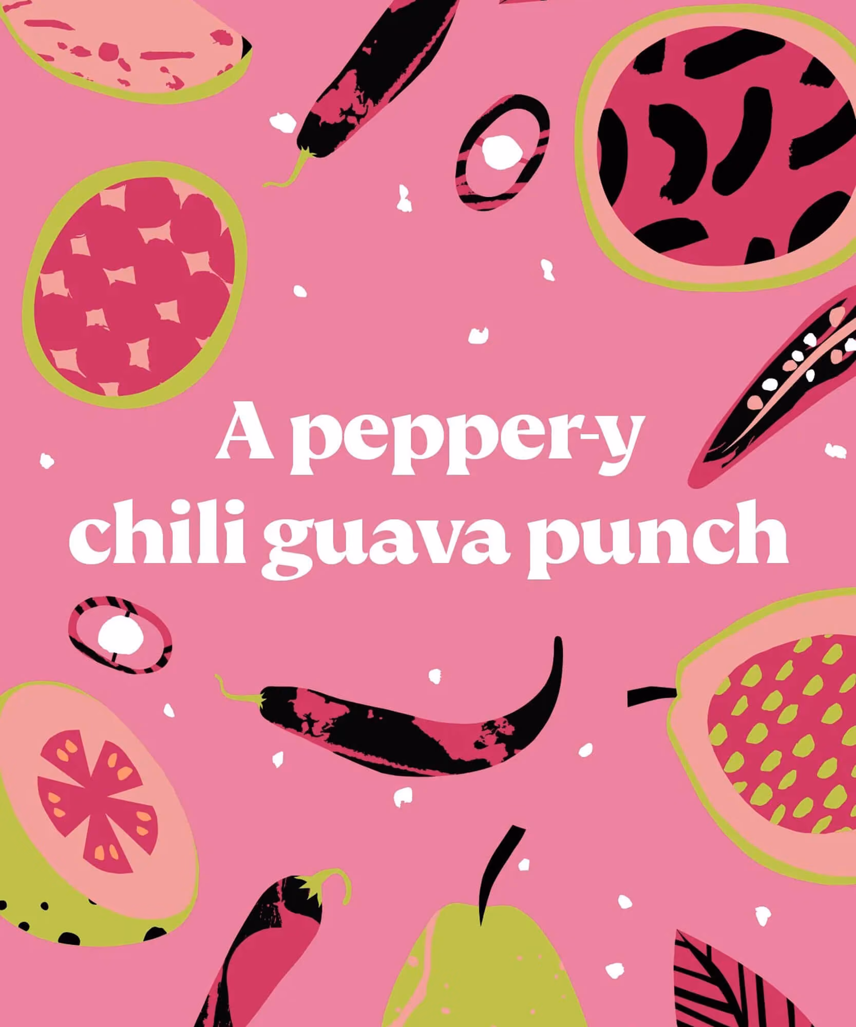 Pink Stem Ciders poster with 'A pepper-y chili guava punch' headline and illustrated guavas, chili peppers, and pears.