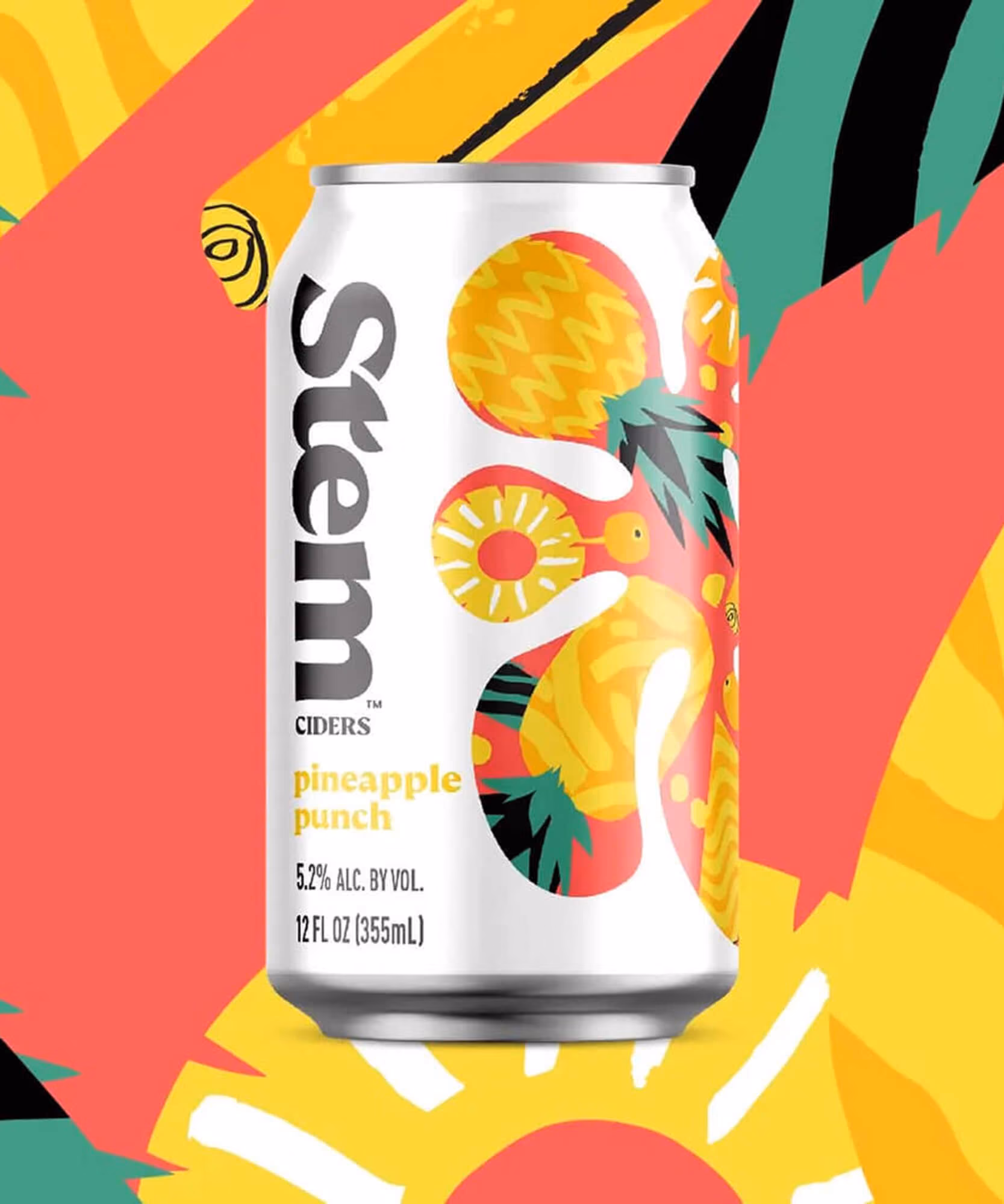 Stem Ciders Pineapple Punch can (5.2% ABV) with a yellow pineapple illustration on a coral, yellow, and green tropical background.
