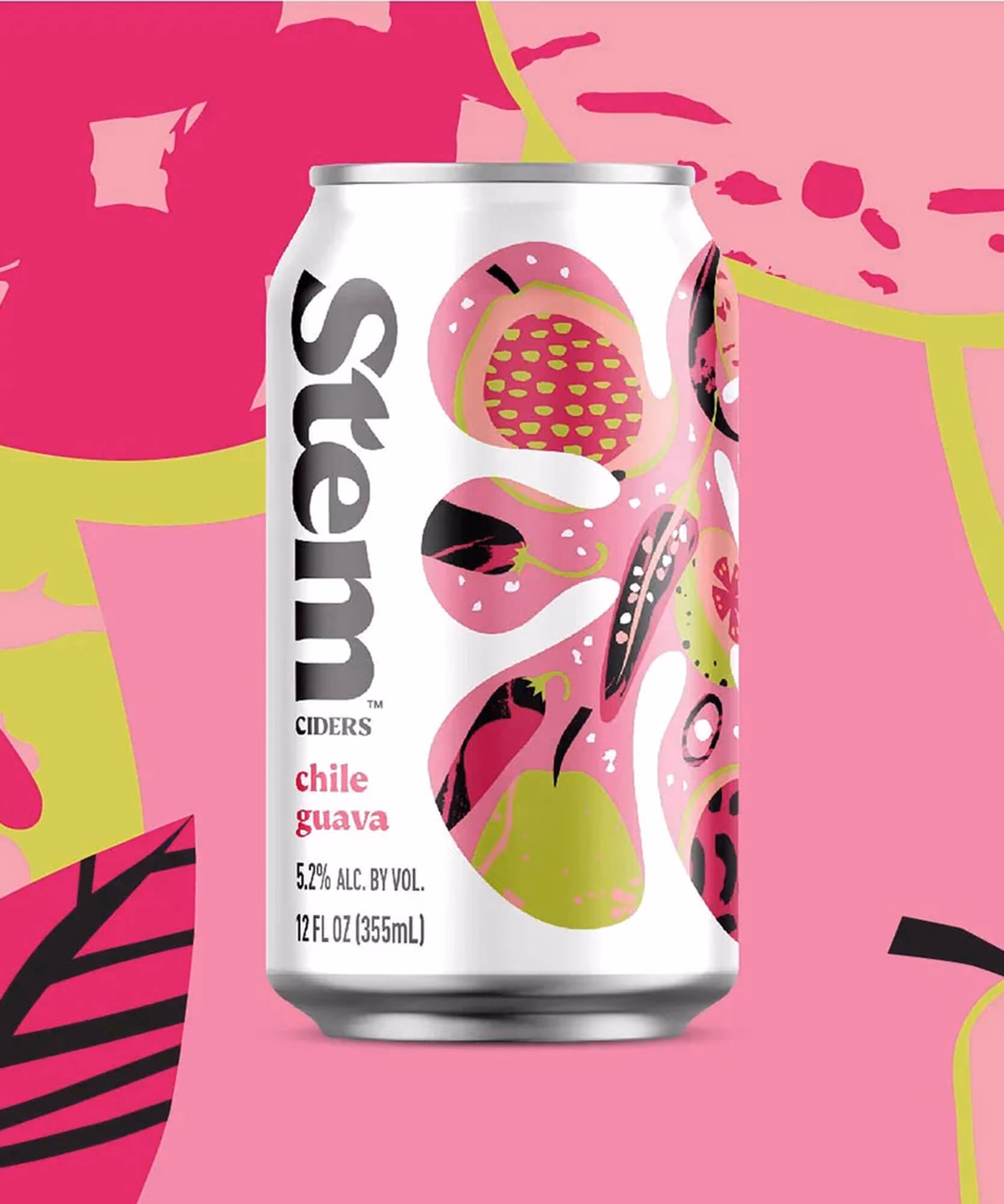 Stem Ciders Chile Guava can (5.2% ABV) with a pink-and-green guava illustration on a hot-pink and lime fruit background.