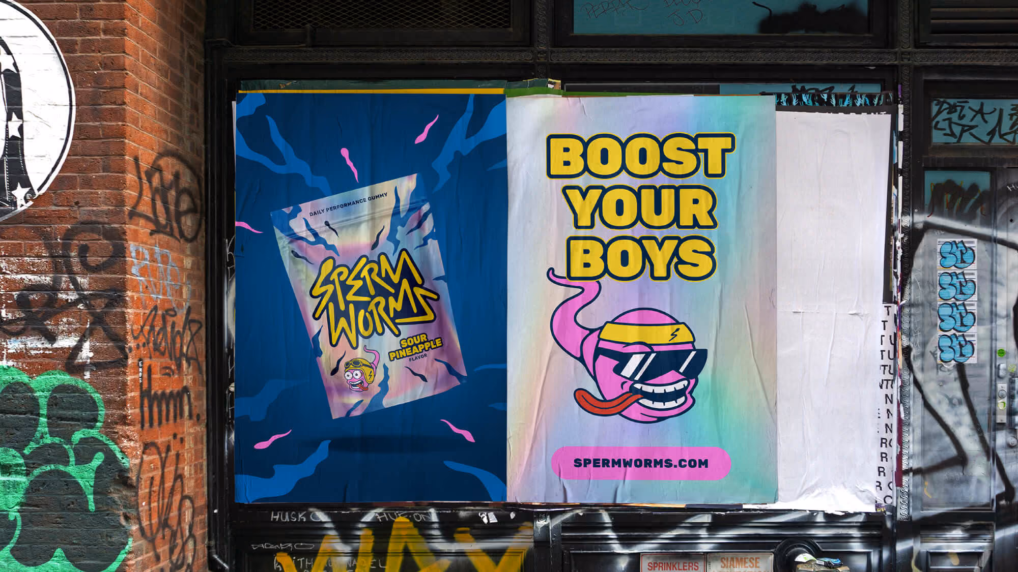 Two Sperm Worms wheatpaste posters on a graffiti brick wall: product pouch left and 'Boost your boys' worm right.