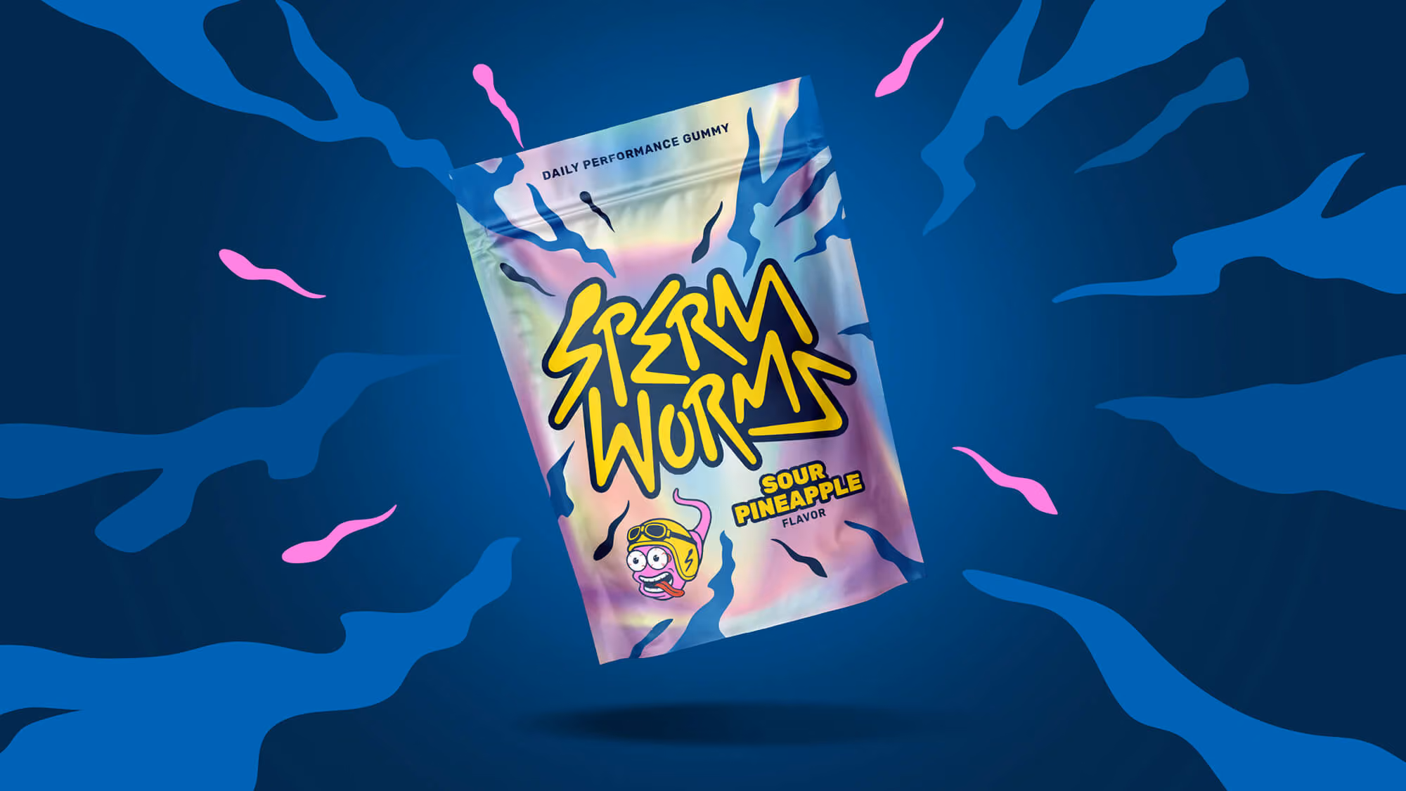 Holographic Sperm Worms 'Daily Performance Gummy — Sour Pineapple' pouch with worm character on dark blue.