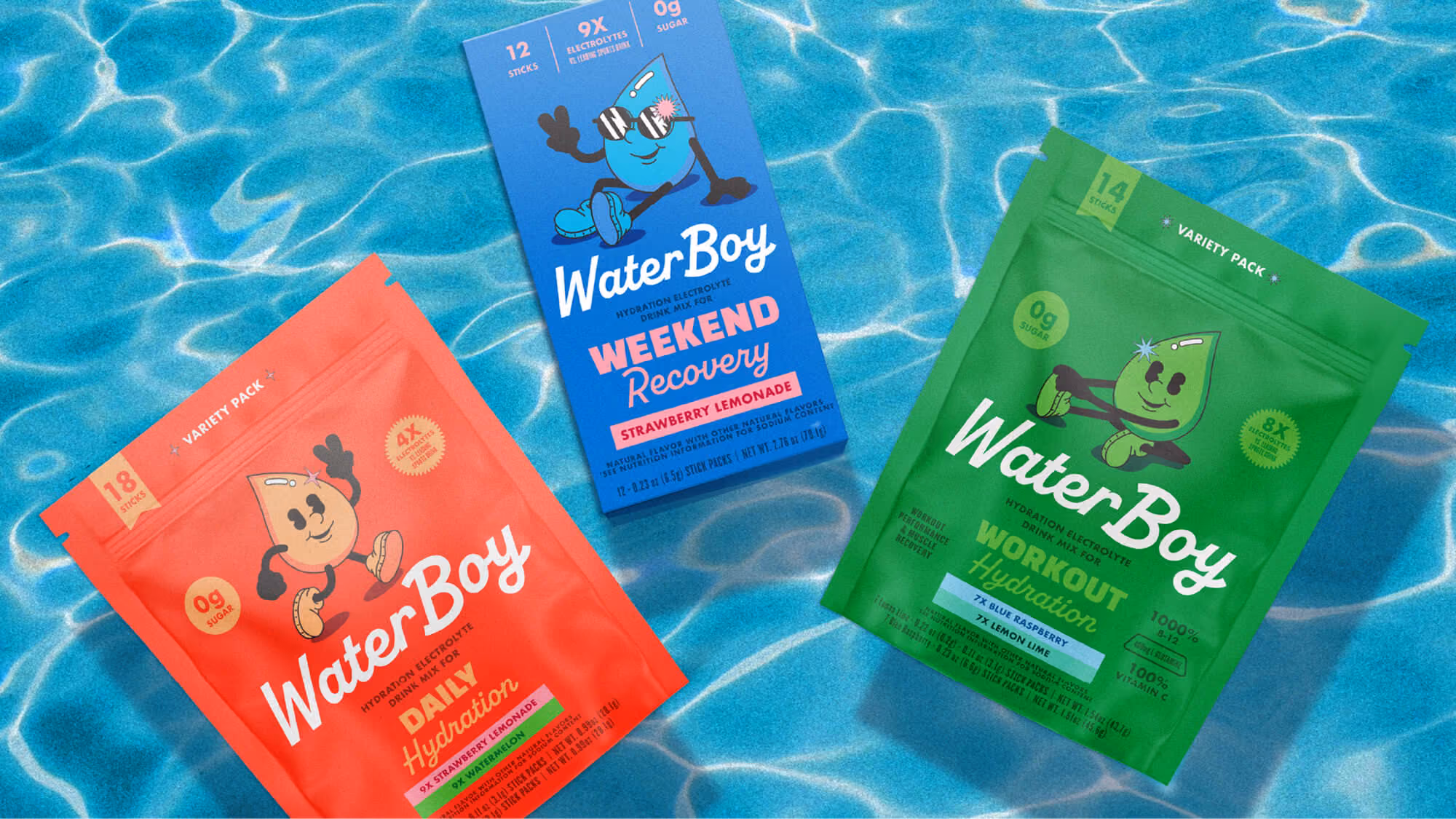 Three WaterBoy hydration powder pouches — Daily, Weekend Recovery, and a green flavor — floating over a bright blue pool.