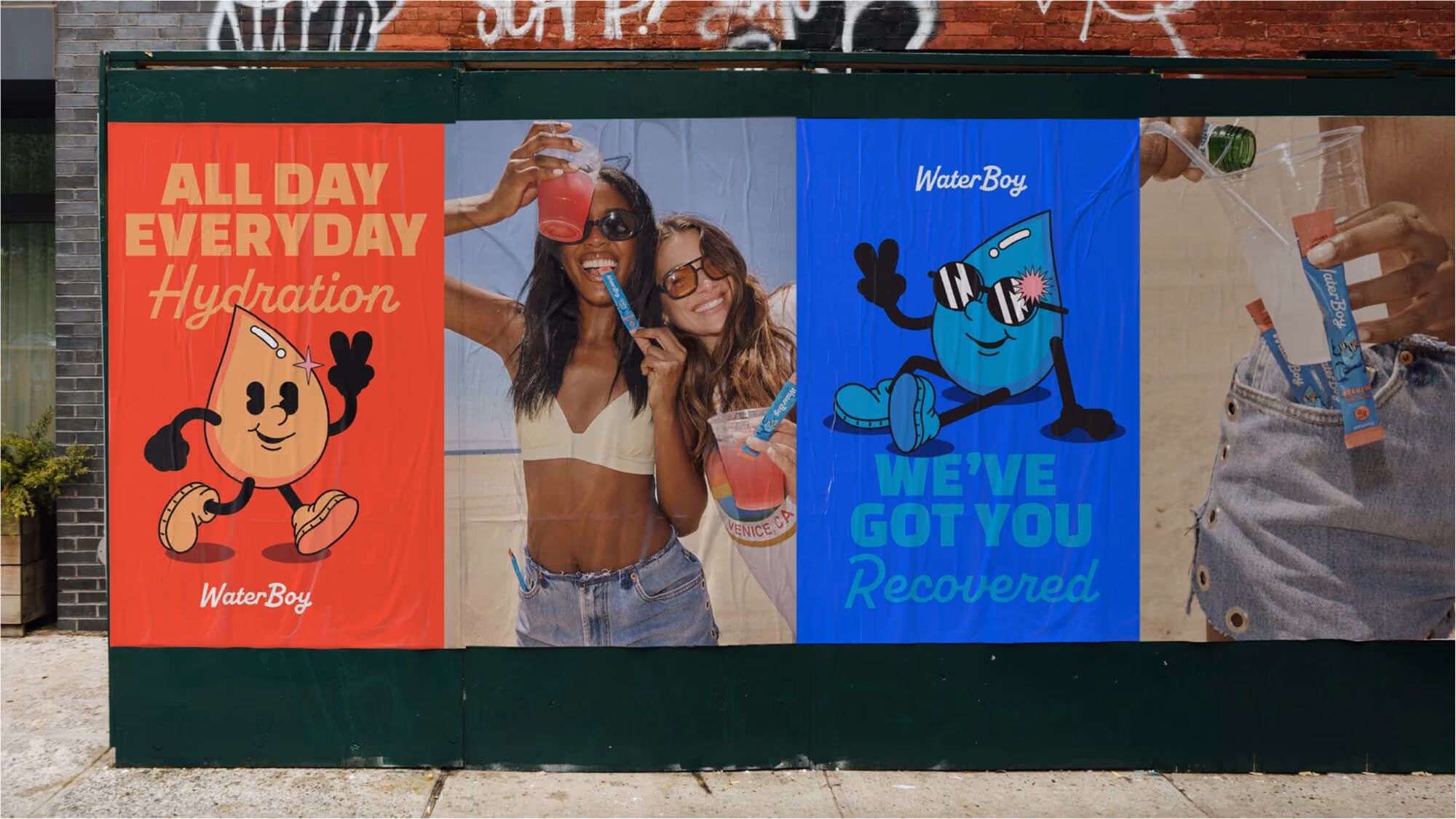 WaterBoy sports drink — three street posters showing the brand's cartoon mascot alongside two women drinking pink beverages.