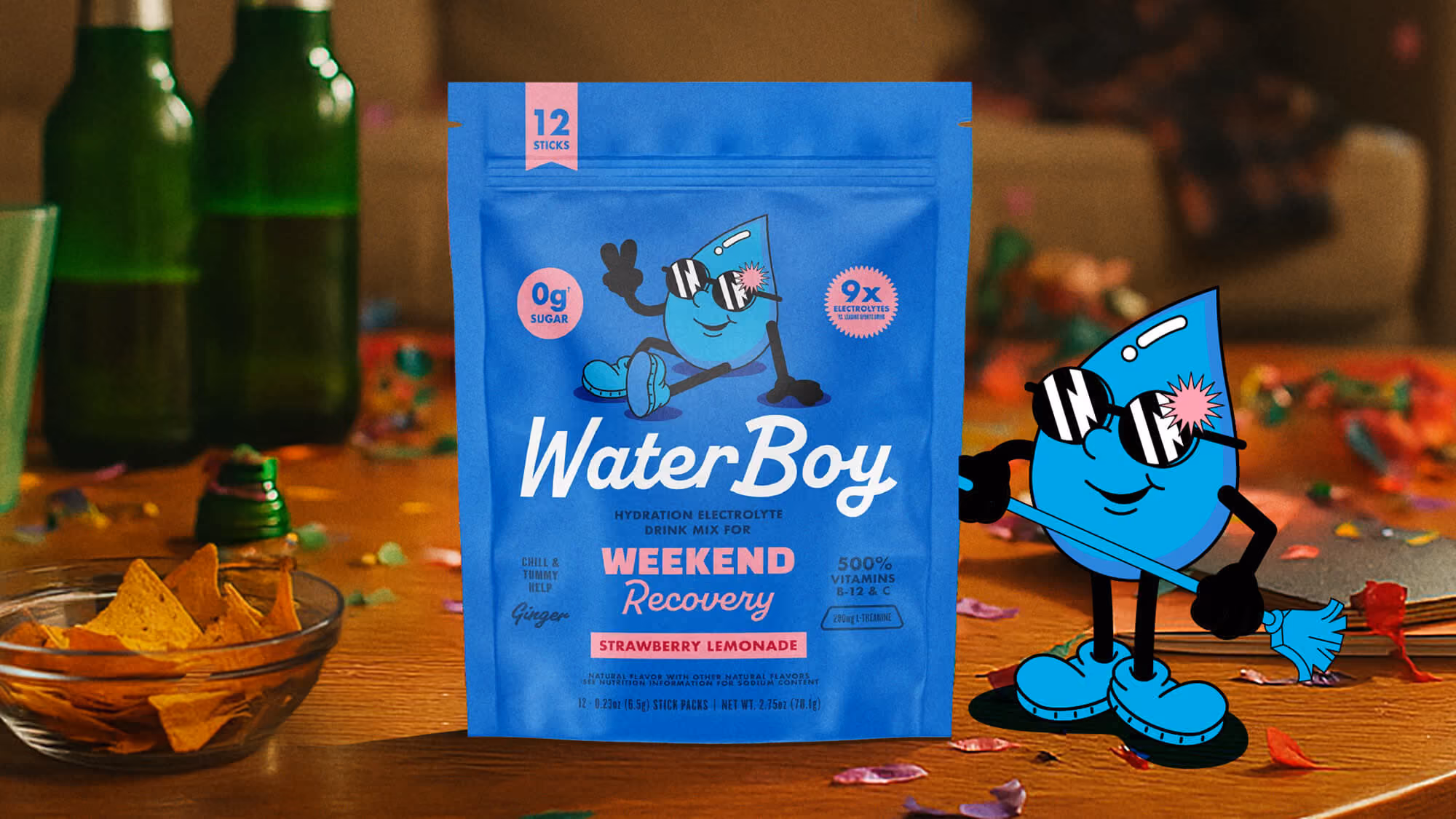 WaterBoy Weekend Recovery pouch on a party table with confetti, chips, and bottles, beside the brand's blue cartoon mascot.