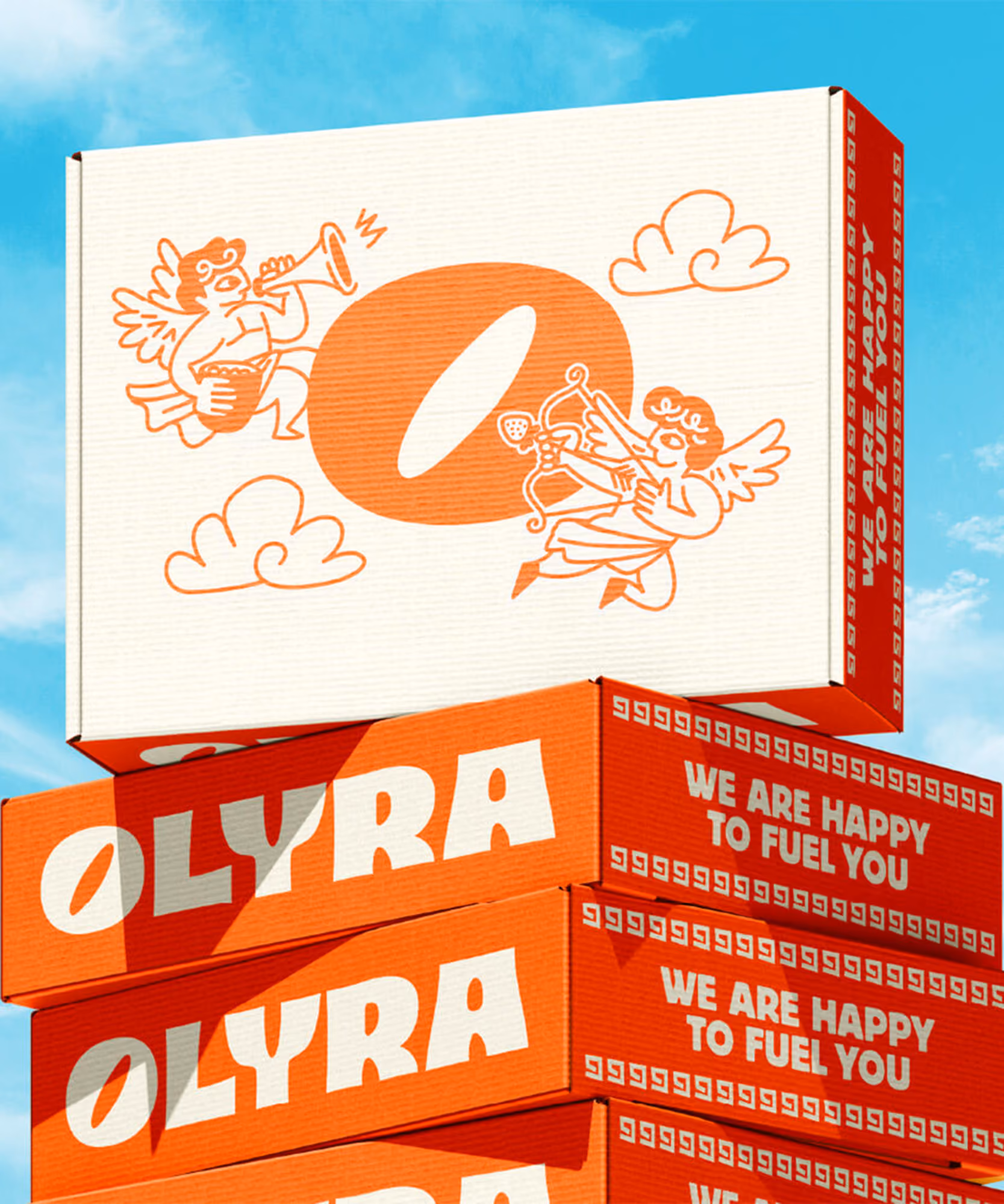 Stack of orange Olyra shipping boxes against blue sky with cream cherub illustrations on the top box.