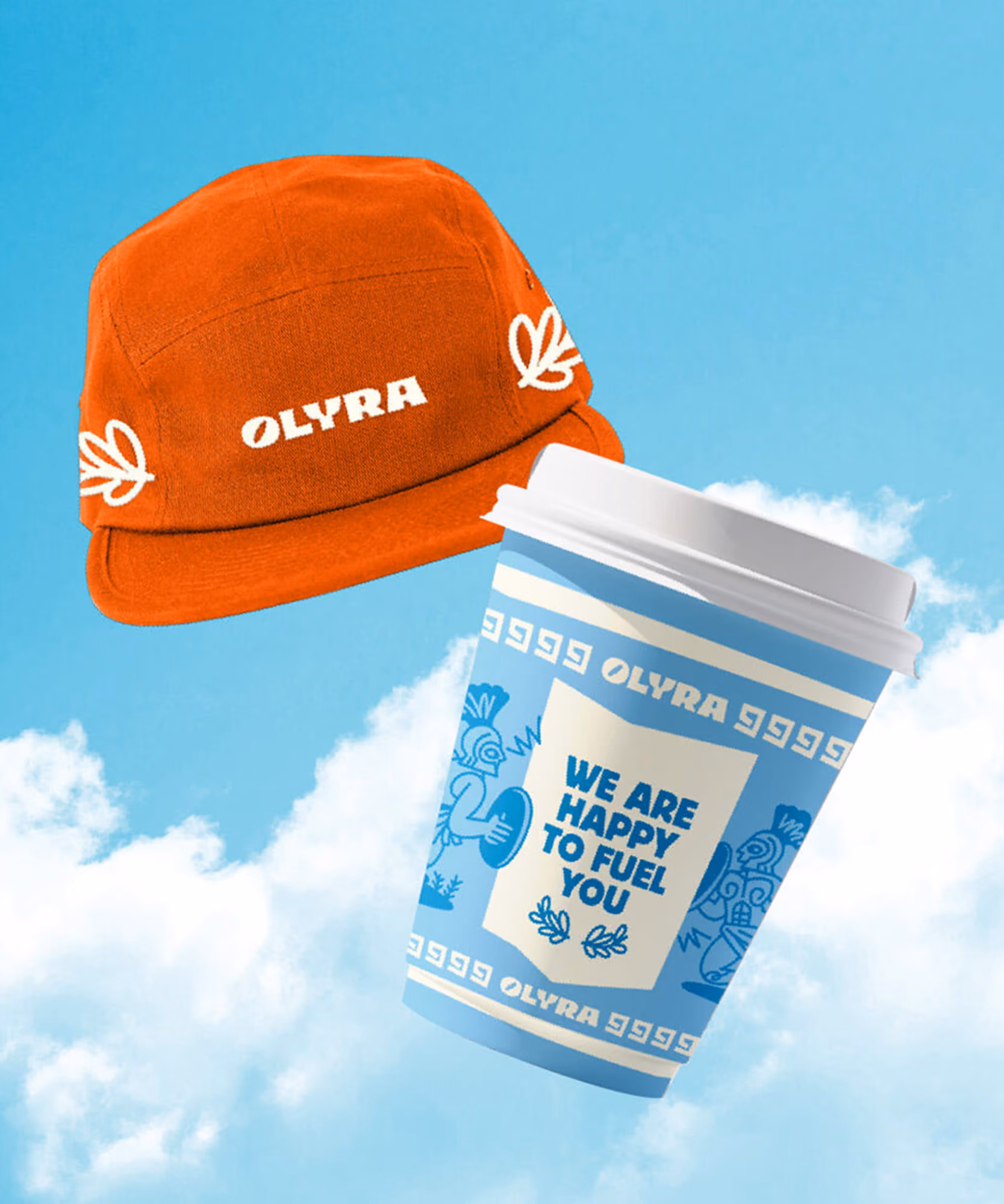 Back of a person in a cream Olyra hoodie with cherub illustrations; orange five-panel cap and blue 'Olyra' coffee cup.