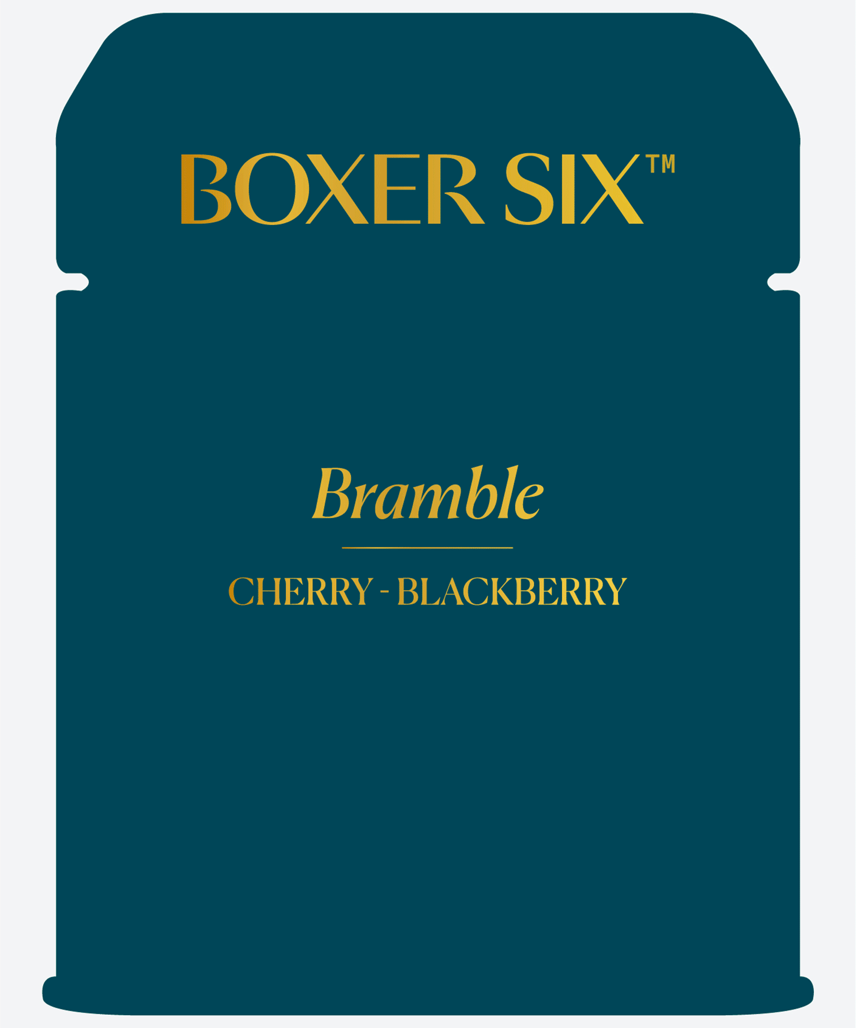 Teal Boxer Six tin label for the Bramble flavor, listing Cherry and Blackberry in gold lettering.
