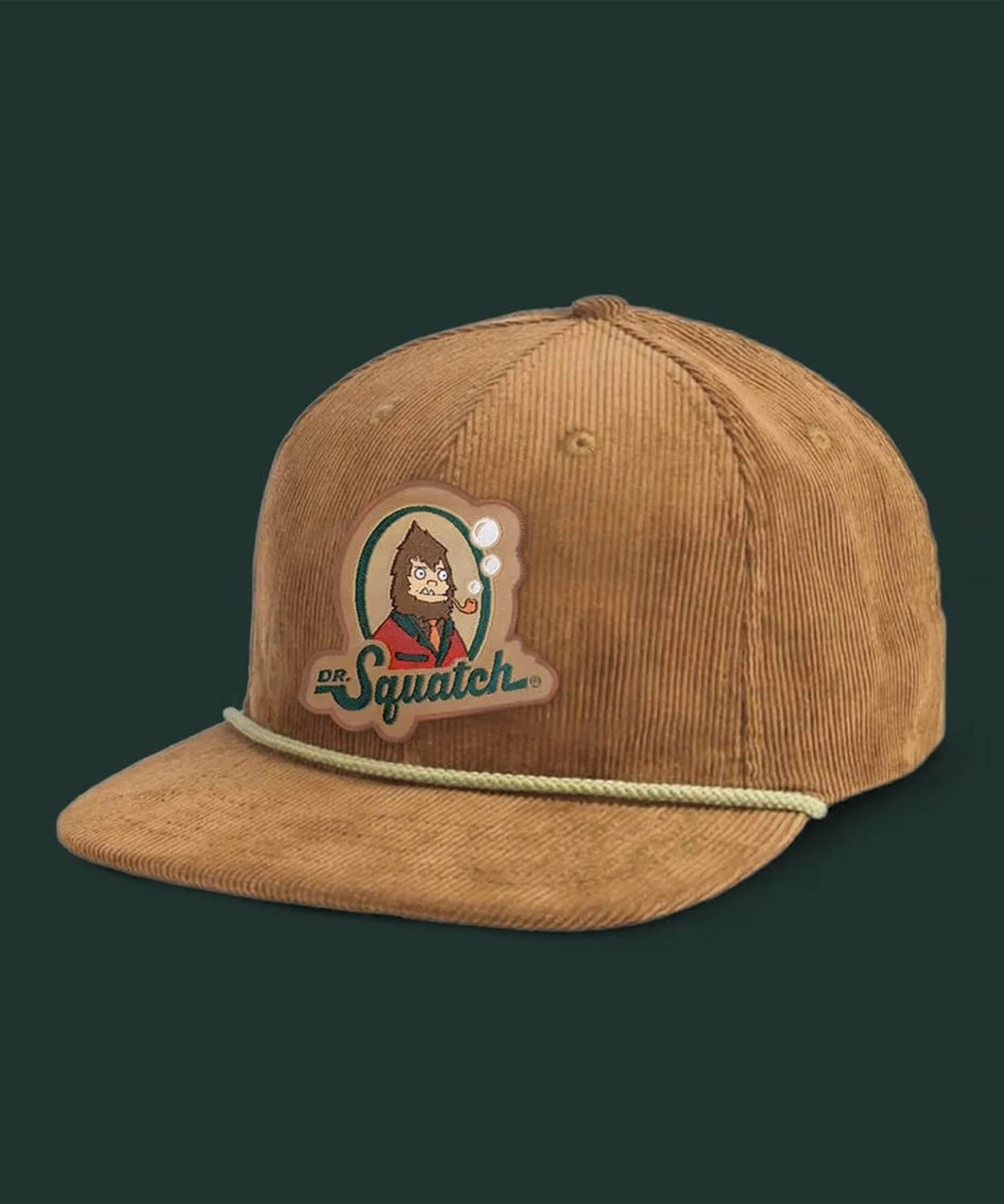 Tan corduroy Dr. Squatch cap with embroidered Squatch mascot patch