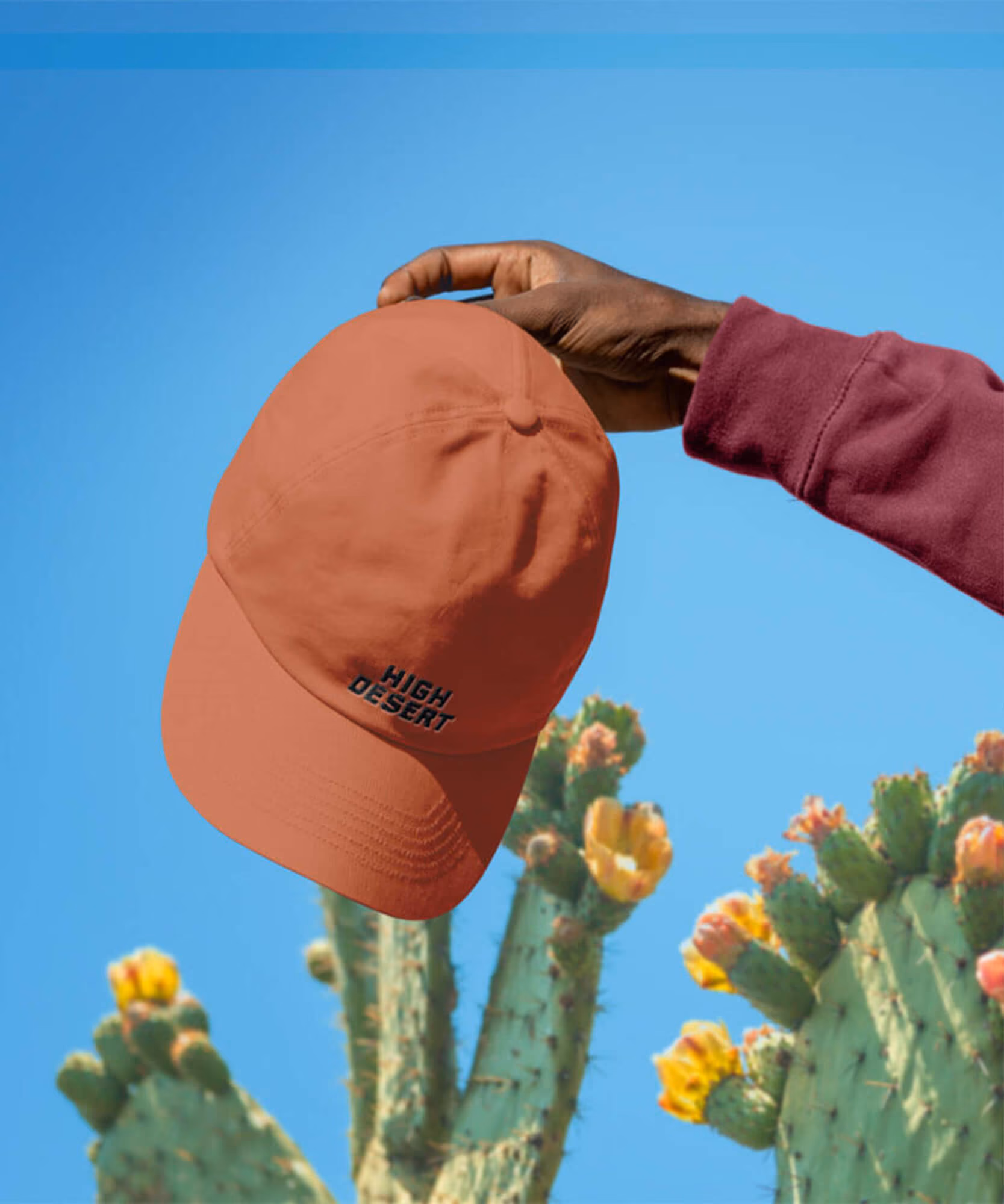 Hand holding orange cap with High Desert logo over blooming cactus under clear blue sky.