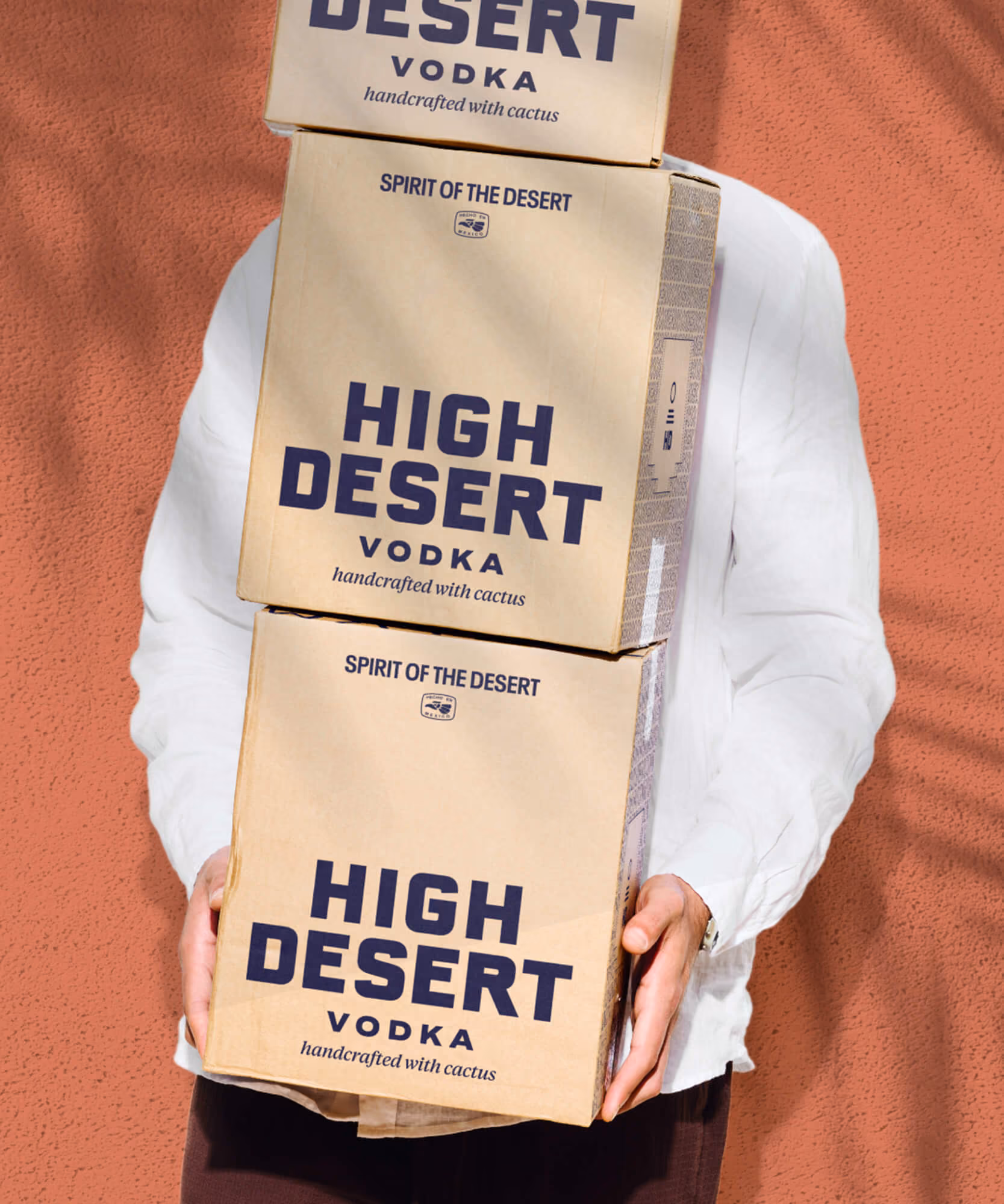 Person holding stacked boxes labeled High Desert Vodka handcrafted with cactus against a textured wall.