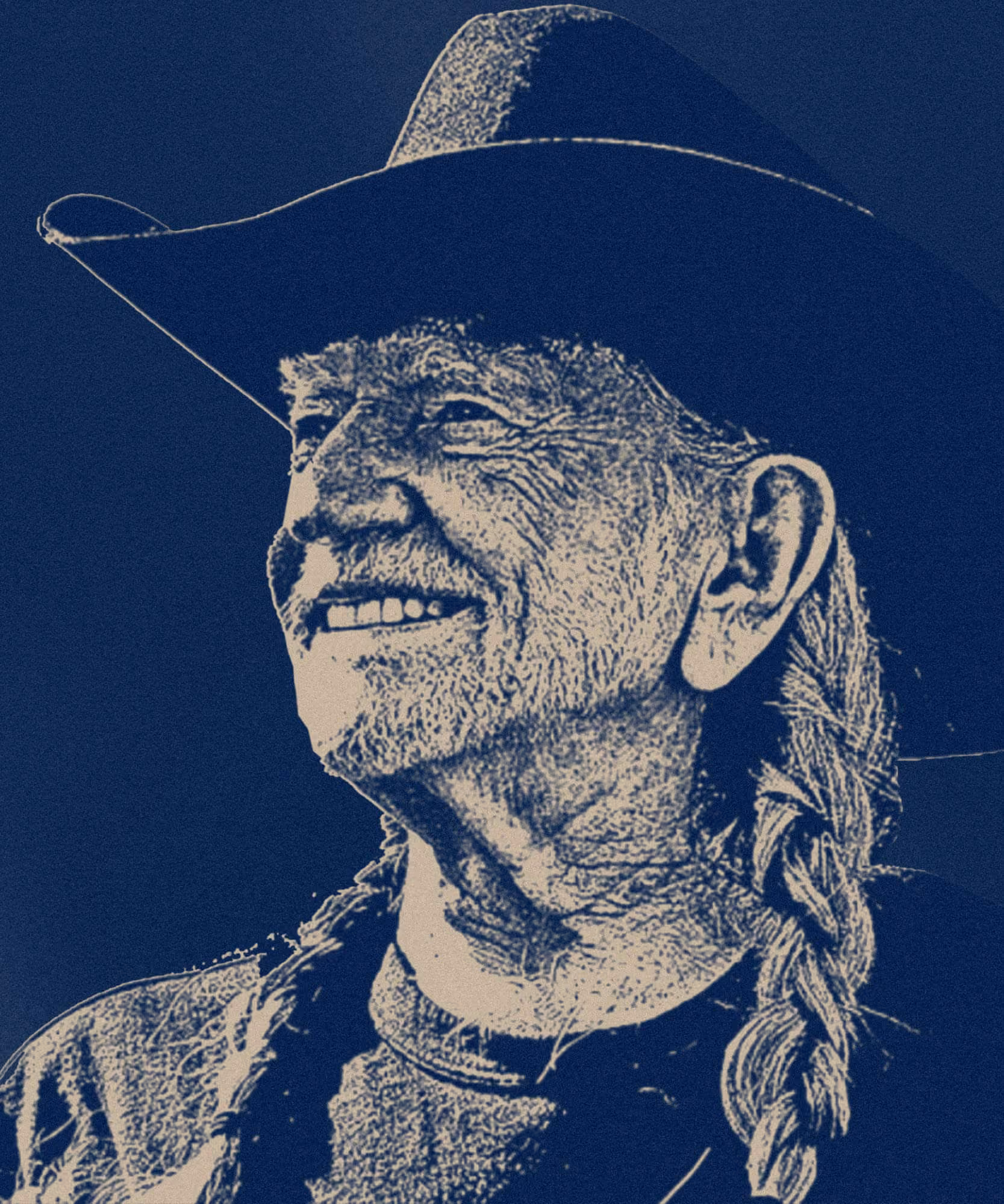 Halftone portrait illustration of Willie Nelson in a cowboy hat and braids, cream on navy