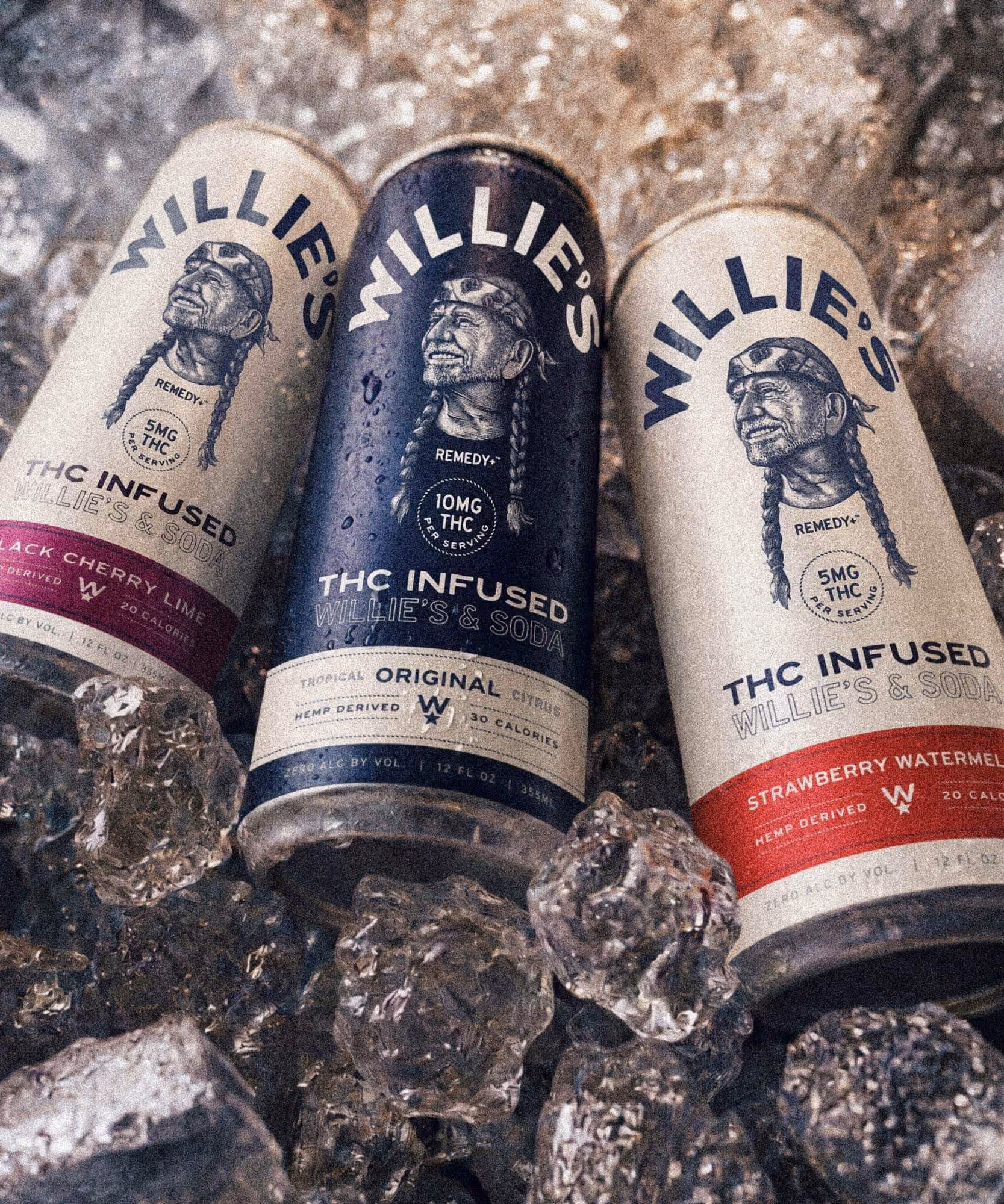 Three "THC Infused Willie's & Soda" cans on ice: Black Cherry Lime, Original, and Strawberry Watermelon