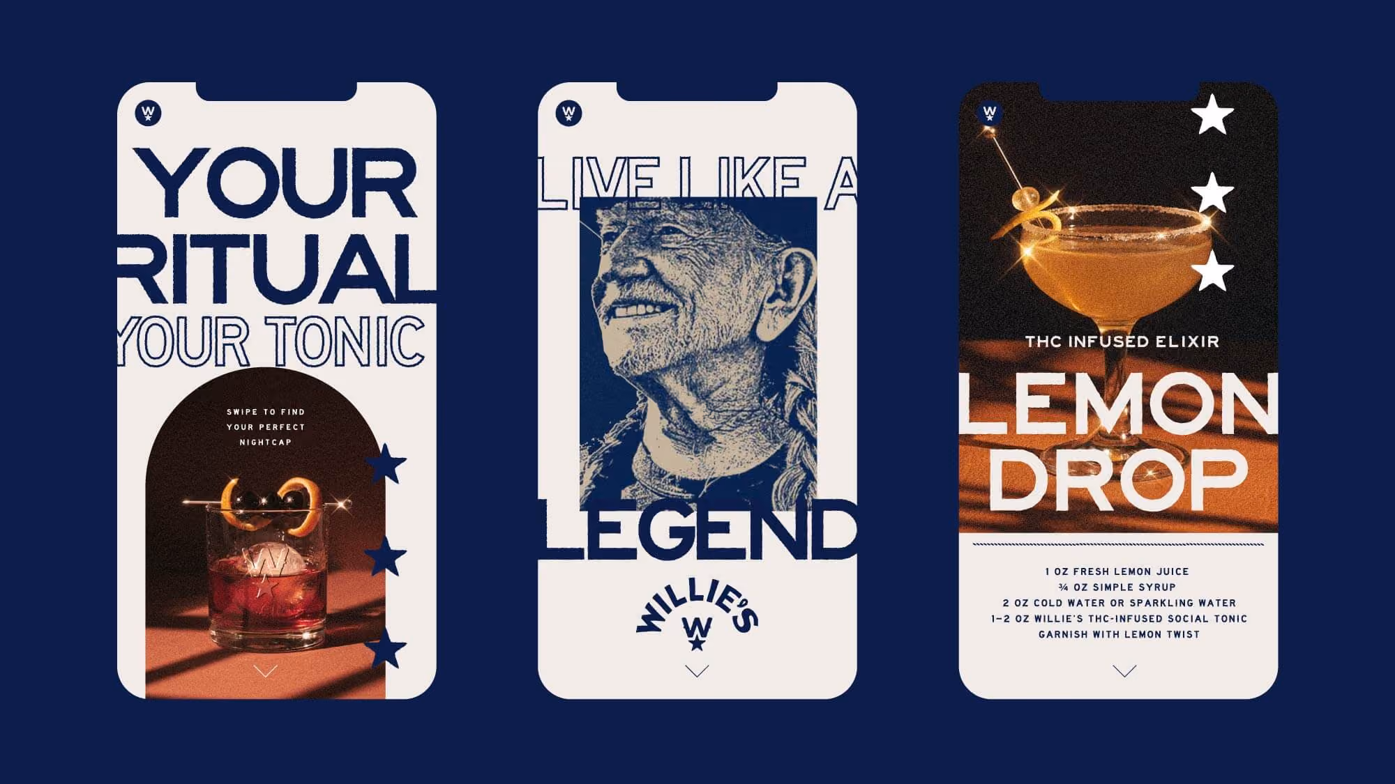 Three phone story mockups: "Your ritual, your tonic," "Live like a legend," and a Lemon Drop recipe