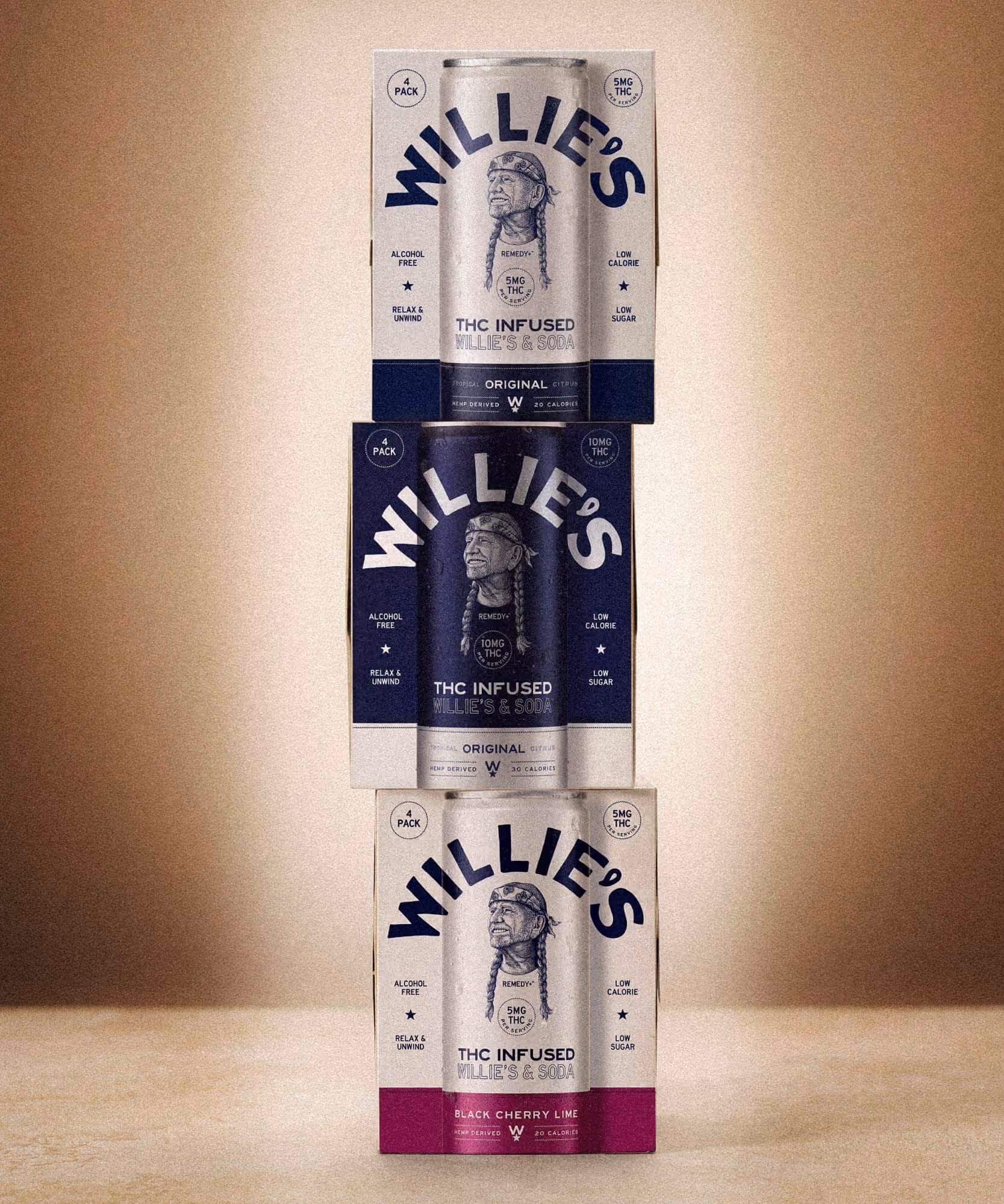 Three stacked "Willie's & Soda" four-pack cartons in cream and navy, Original and Black Cherry Lime