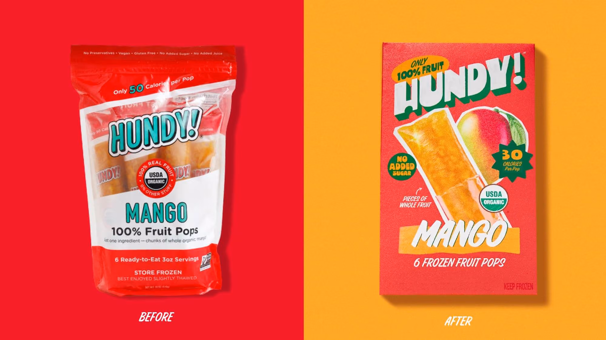 Before-and-after packaging comparison: the old white-and-red Mango stand-up pouch beside the new red "MANGO" carton