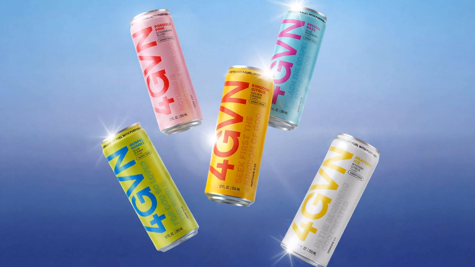 Five 4GVN cans floating on blue gradient: "Kingdom Citrus," "Revival Razz," "Possible Pink," "Gospel Gummy"
