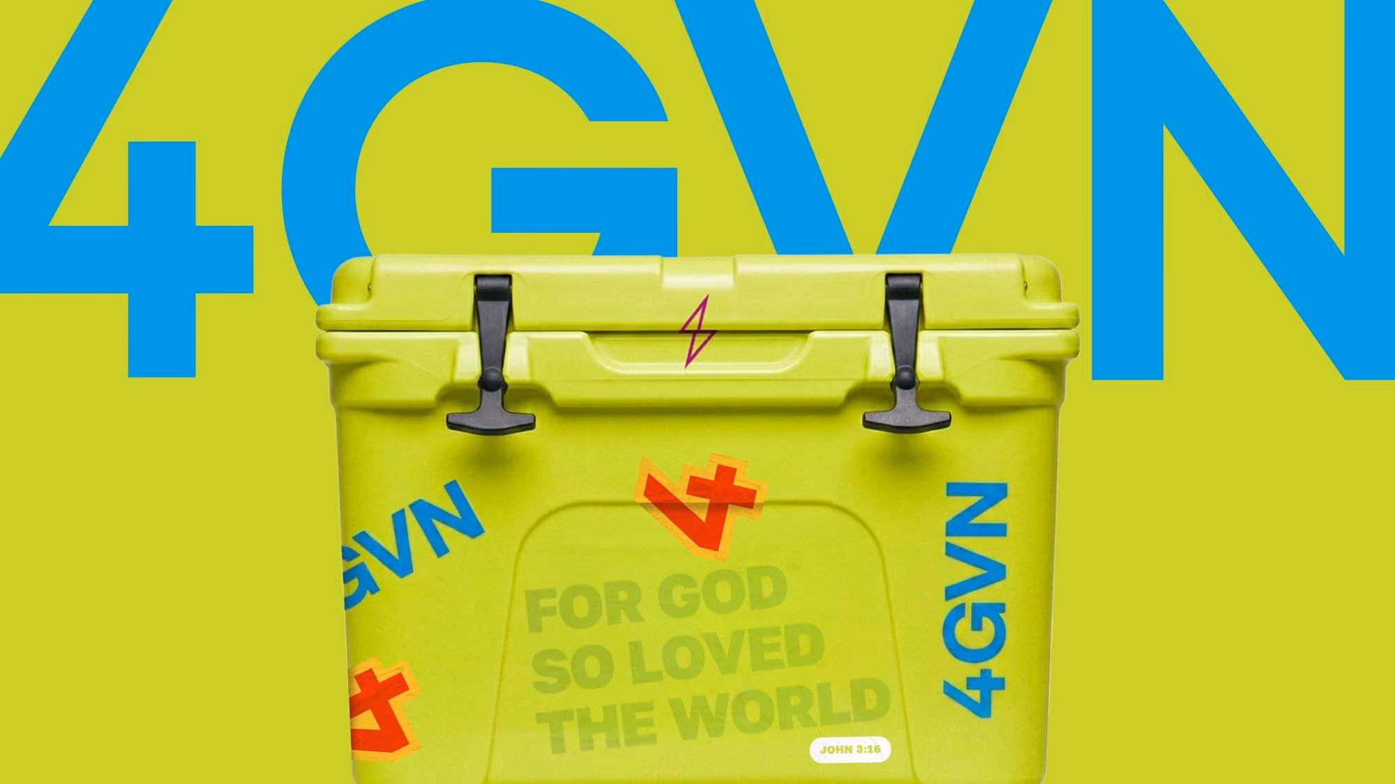 Lime cooler reading "FOR GOD SO LOVED THE WORLD, JOHN 3:16" with 4GVN decals