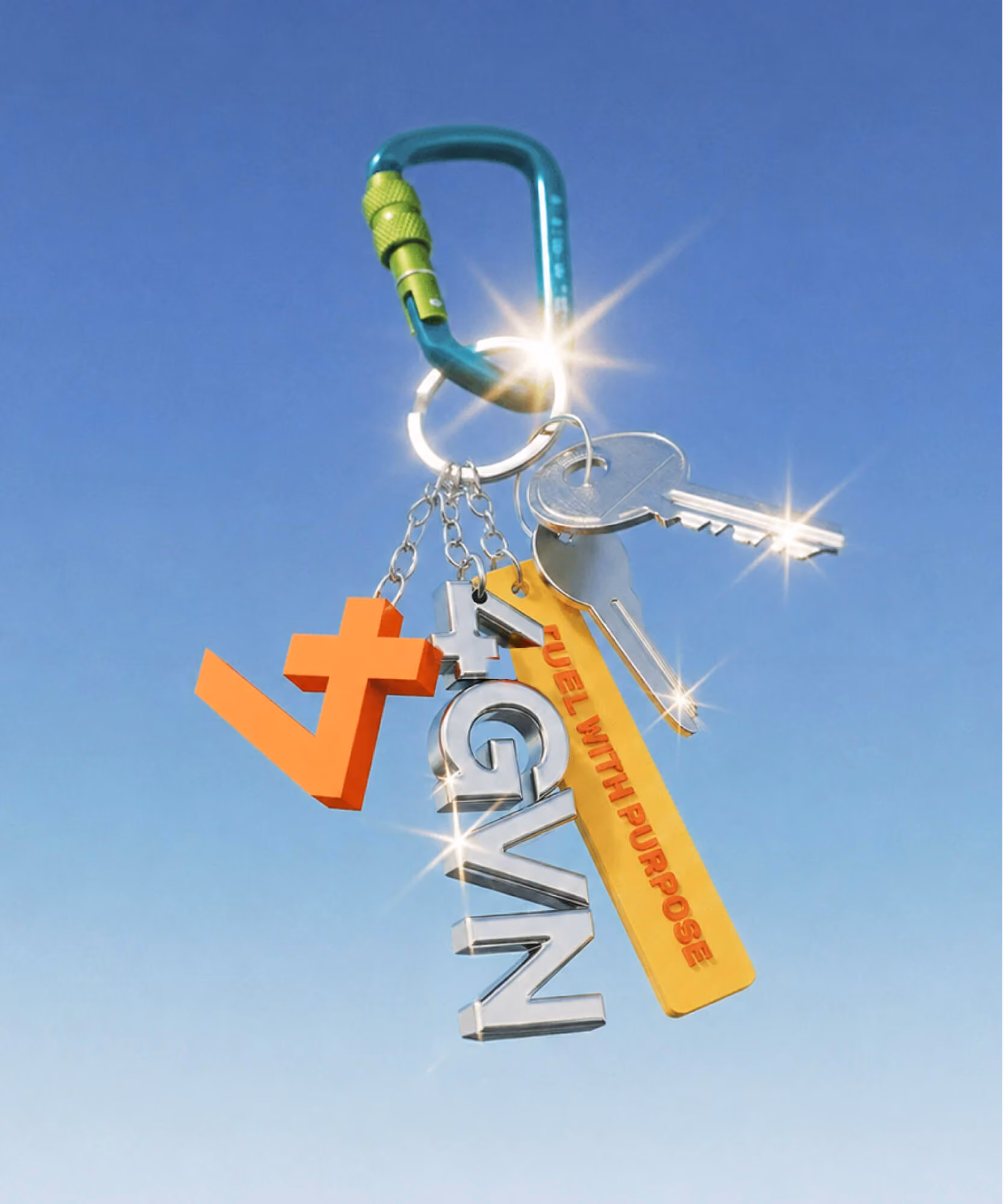 Keychain with chrome 4GVN charm, orange cross-shaped "4" and yellow "FUEL WITH PURPOSE" fob