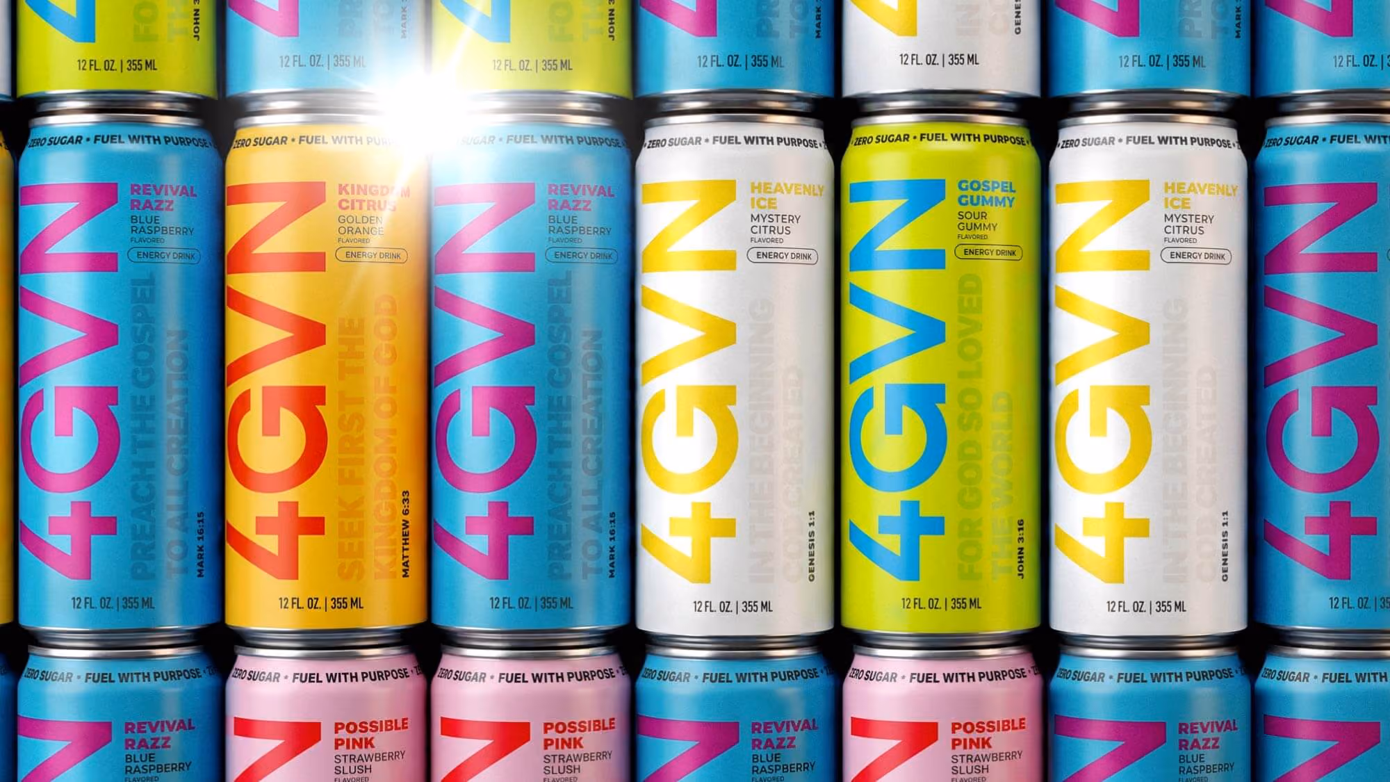 Wall of 4GVN cans in blue, yellow, lime, pink and white with Bible verses
