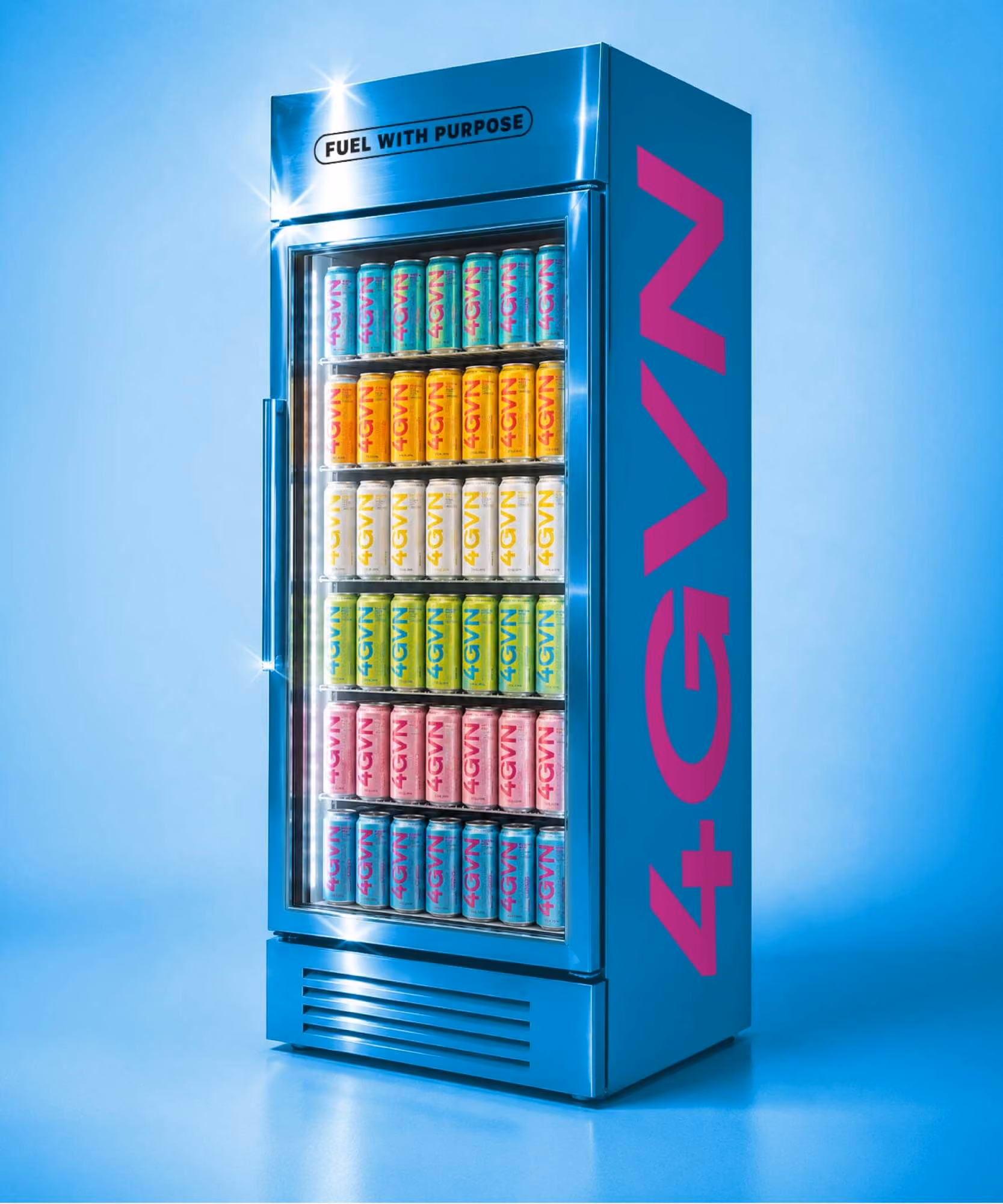 Branded glass-door cooler stocked with 4GVN cans under a "FUEL WITH PURPOSE" header