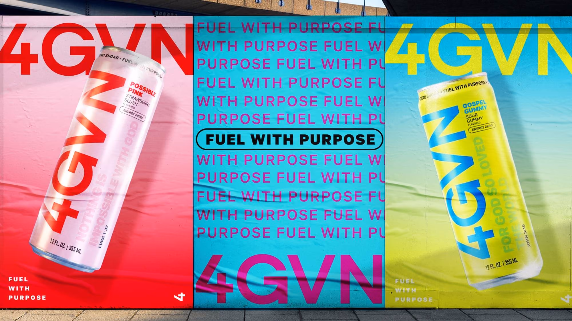 Wheatpasted street posters pairing 4GVN cans with repeating magenta "FUEL WITH PURPOSE" type