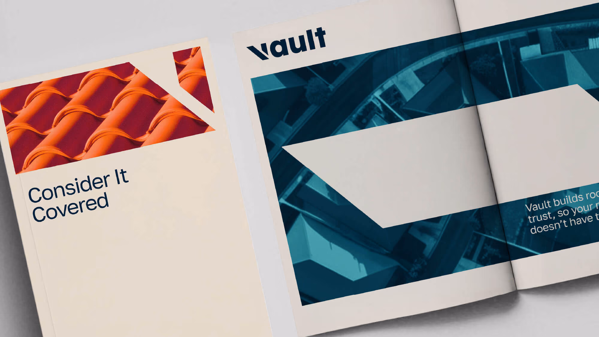 Printed Vault brochure open to a "Consider It Covered" cover and teal aerial rooftop spread