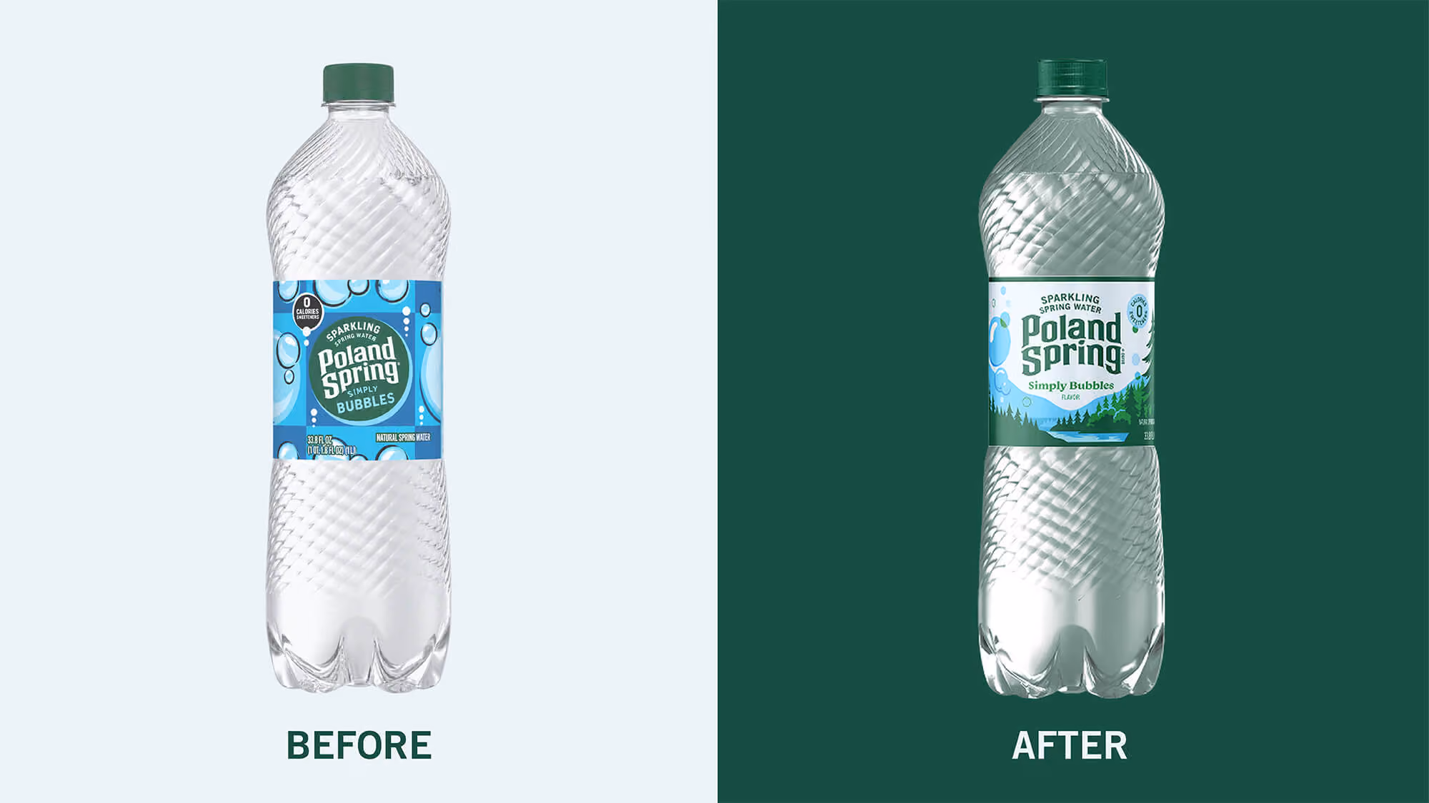 Before-and-after comparison of the 1L "Simply Bubbles" bottle, blue label at left, green landscape label at right
