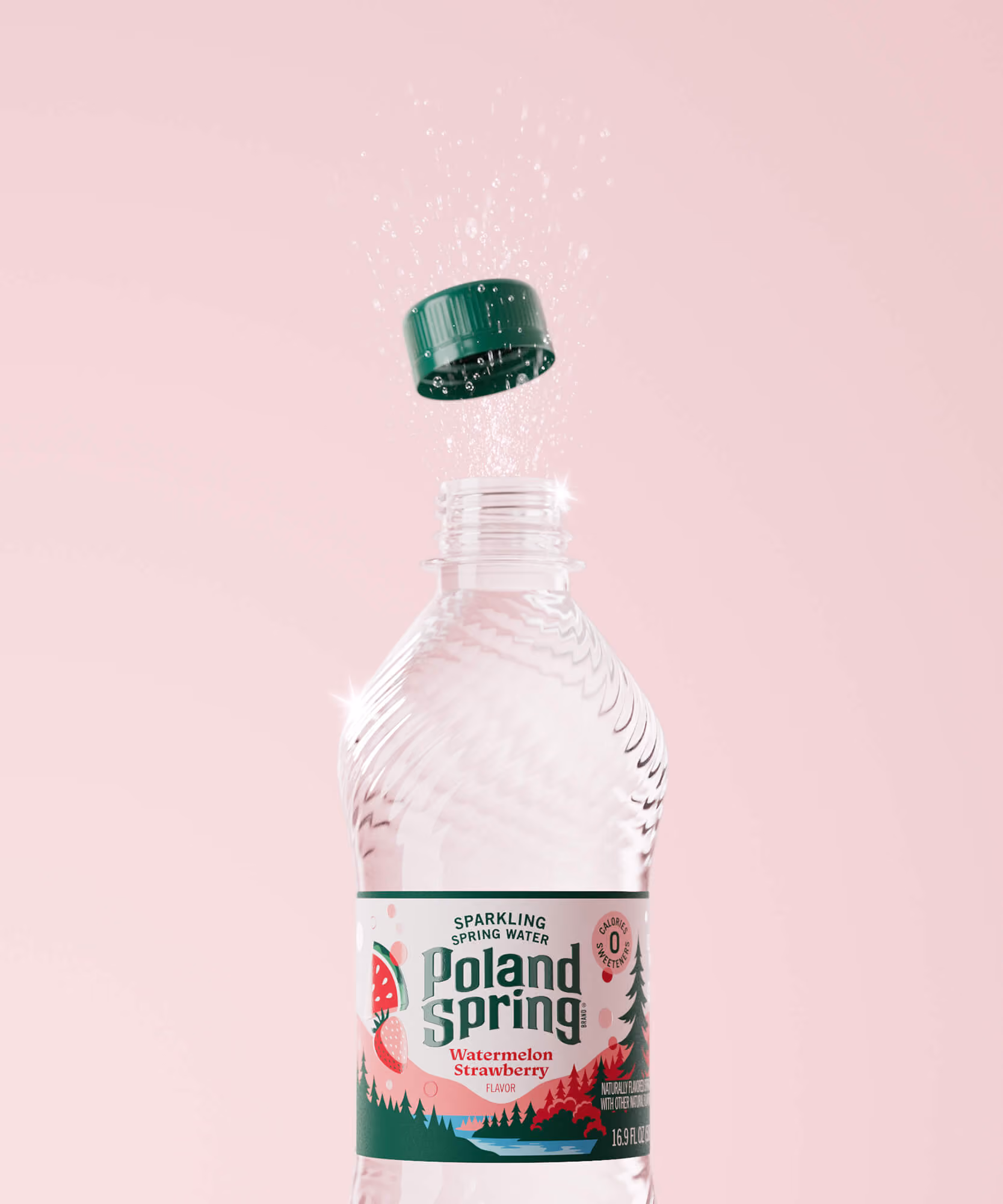 Single "Watermelon Strawberry" bottle on pink, green cap mid-air with spray, pink sky over illustrated pines