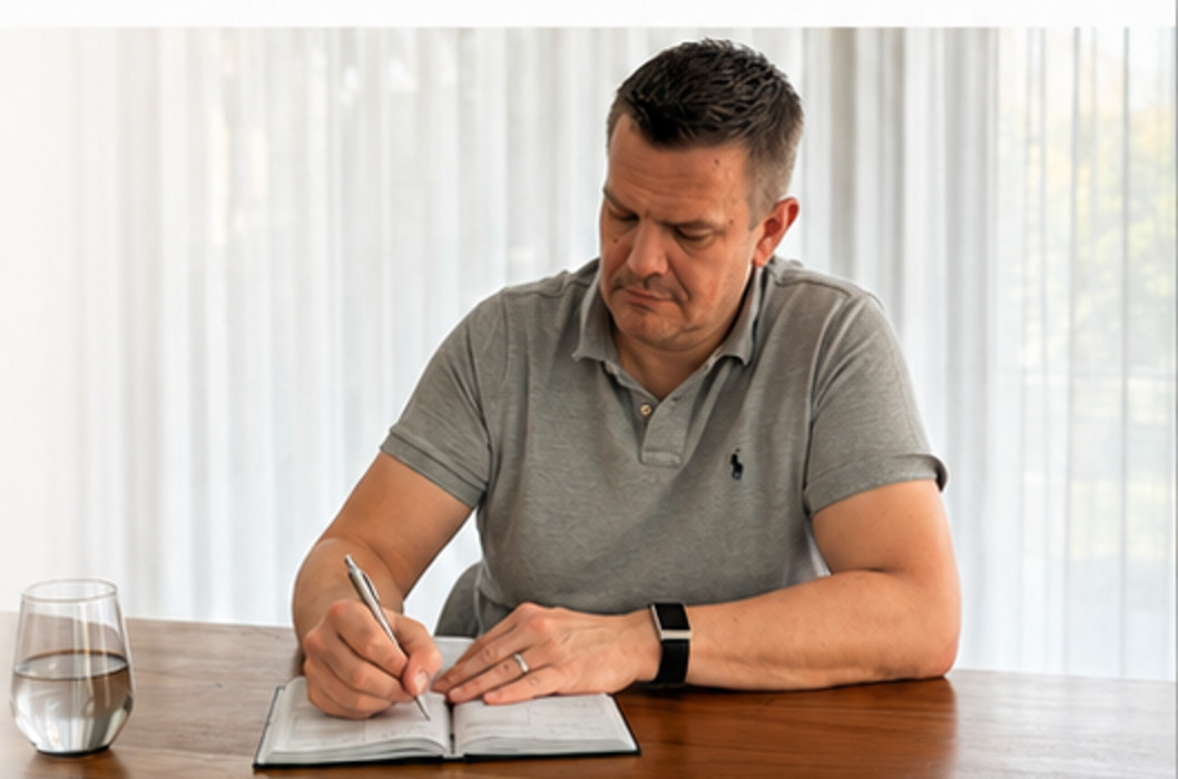 Christian Sommer schreibt in ein Workbook
