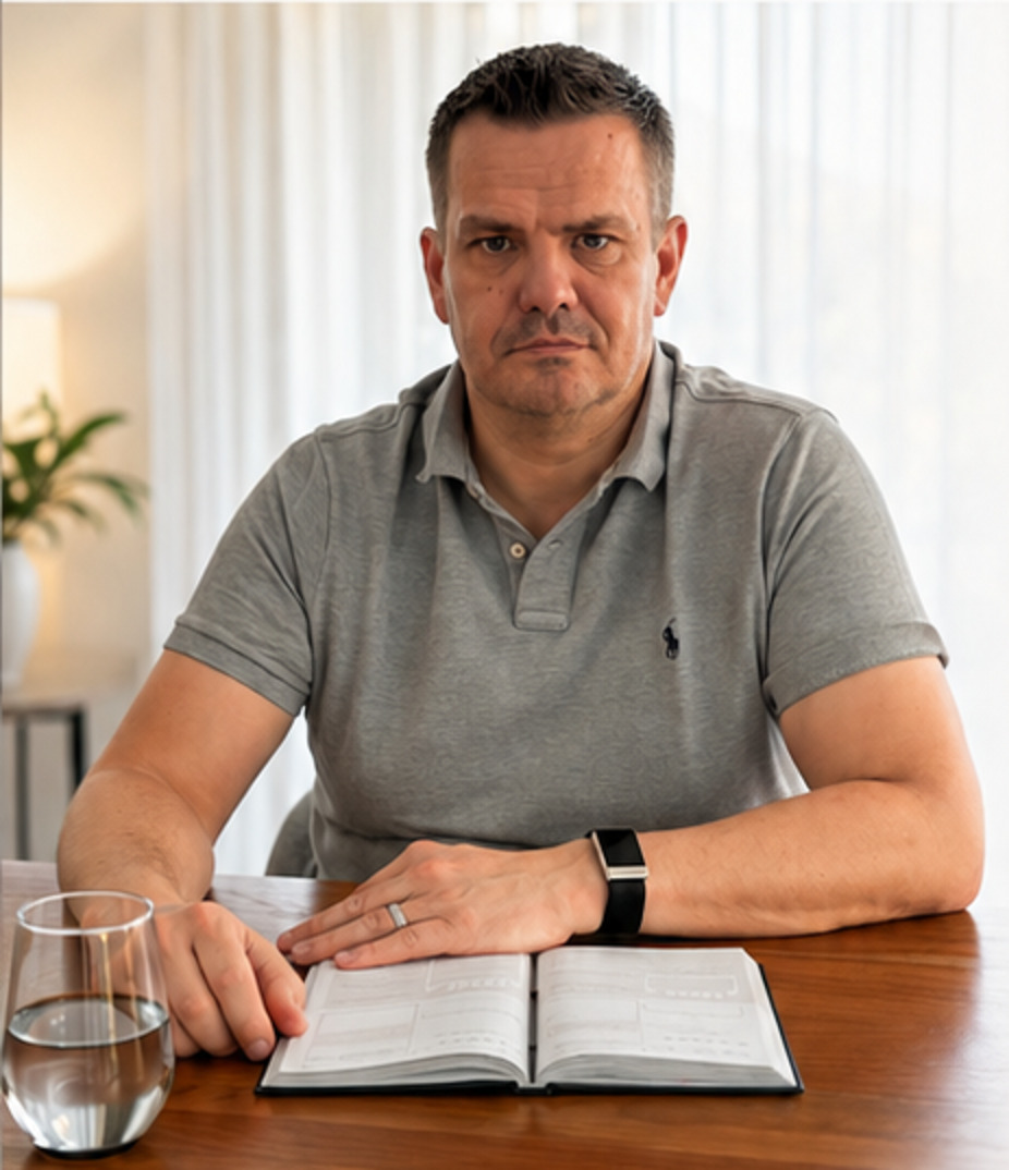 Christian Sommer am Tisch mit geöffnetem Workbook