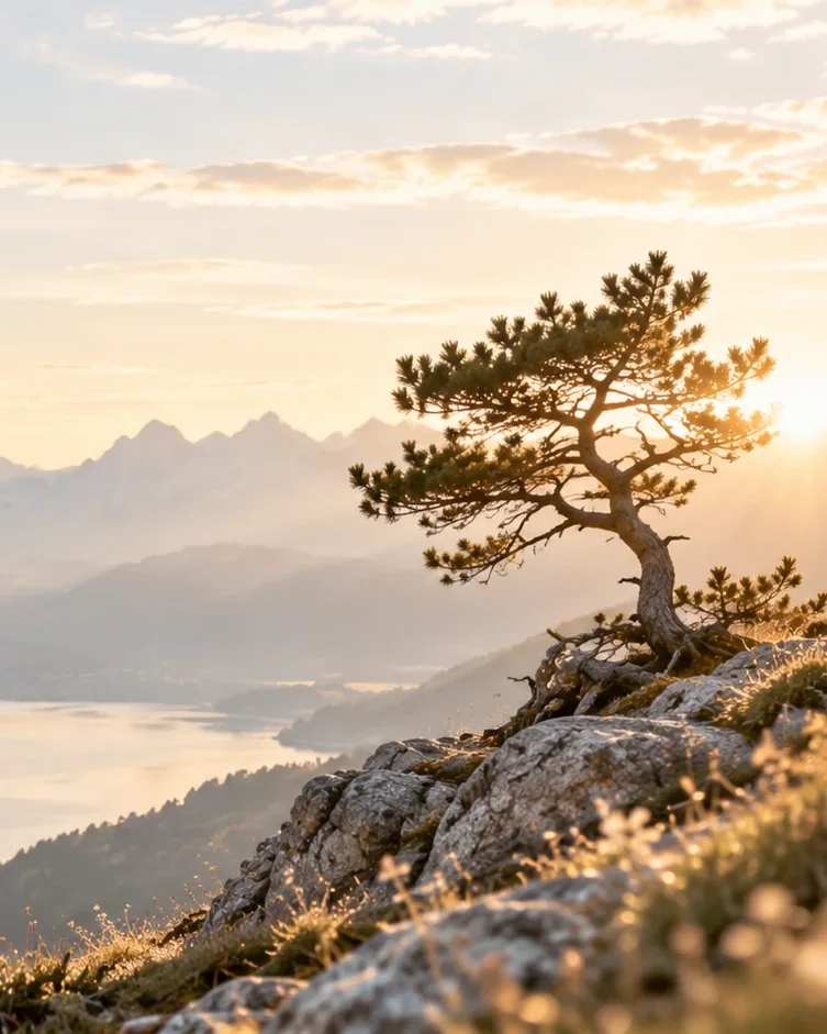 Einzelne Kiefer auf einem Felsen im Morgenlicht über einem Bergsee