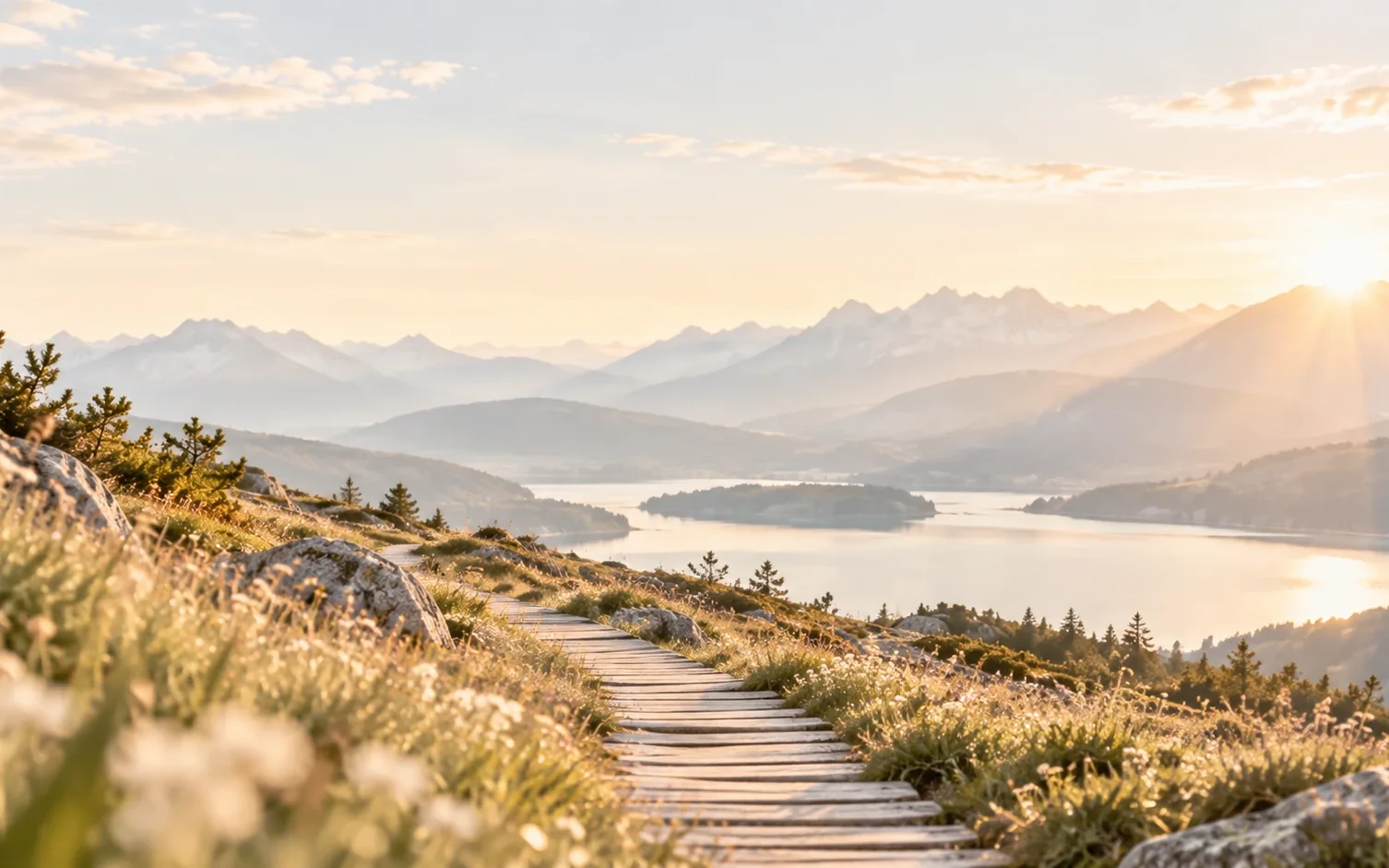 Holzsteg im Morgenlicht mit Blick auf Berge und See