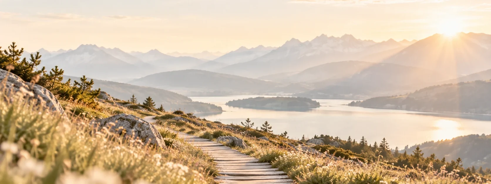 Holzsteg im Morgenlicht mit Blick auf Berge und See