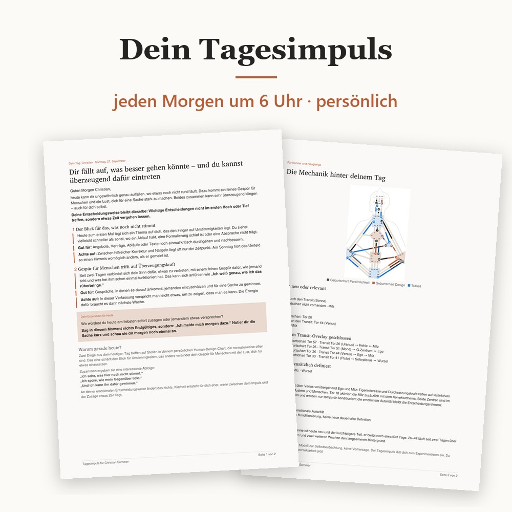 Beispiel eines Tagesimpulses: zwei Seiten mit Text und Transit-Chart