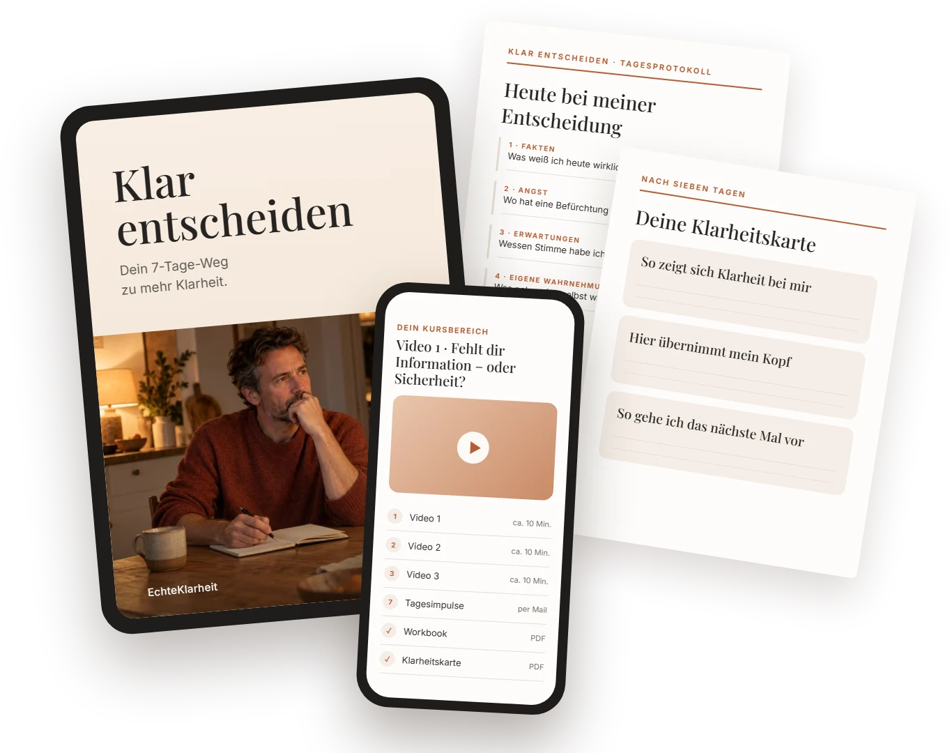 Kursinhalte von Klar entscheiden auf Tablet, Smartphone und Arbeitsblättern