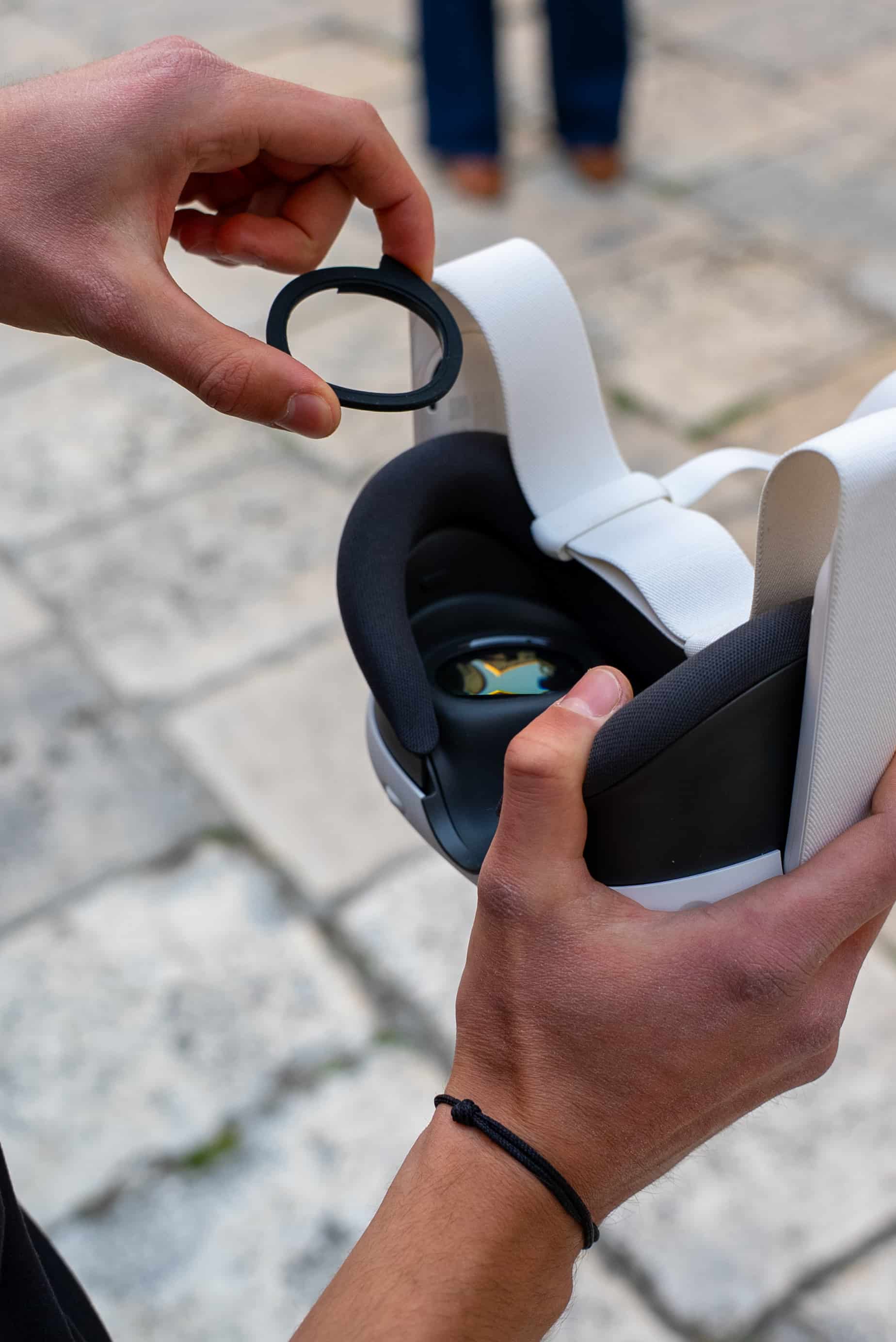 Fitting prescription lens adapter into Meta Quest 3 headset for Time Walk tour