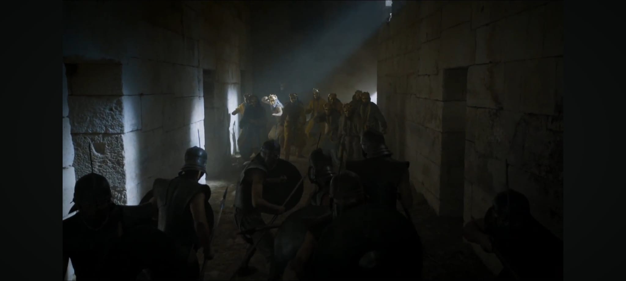 Unsullied facing the Sons of the Harpy in the Meereen catacombs, filmed in Diocletian's Cellars, Split