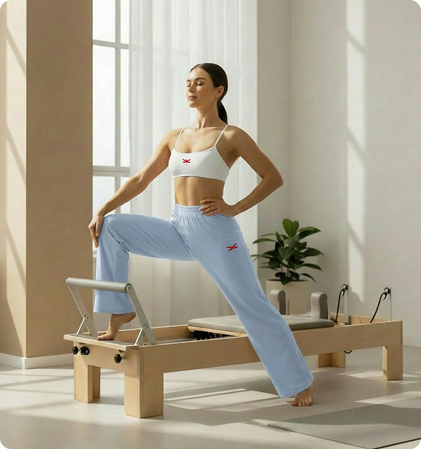 Athlete wearing Red Dragon Fly apparel in a mindful movement pose