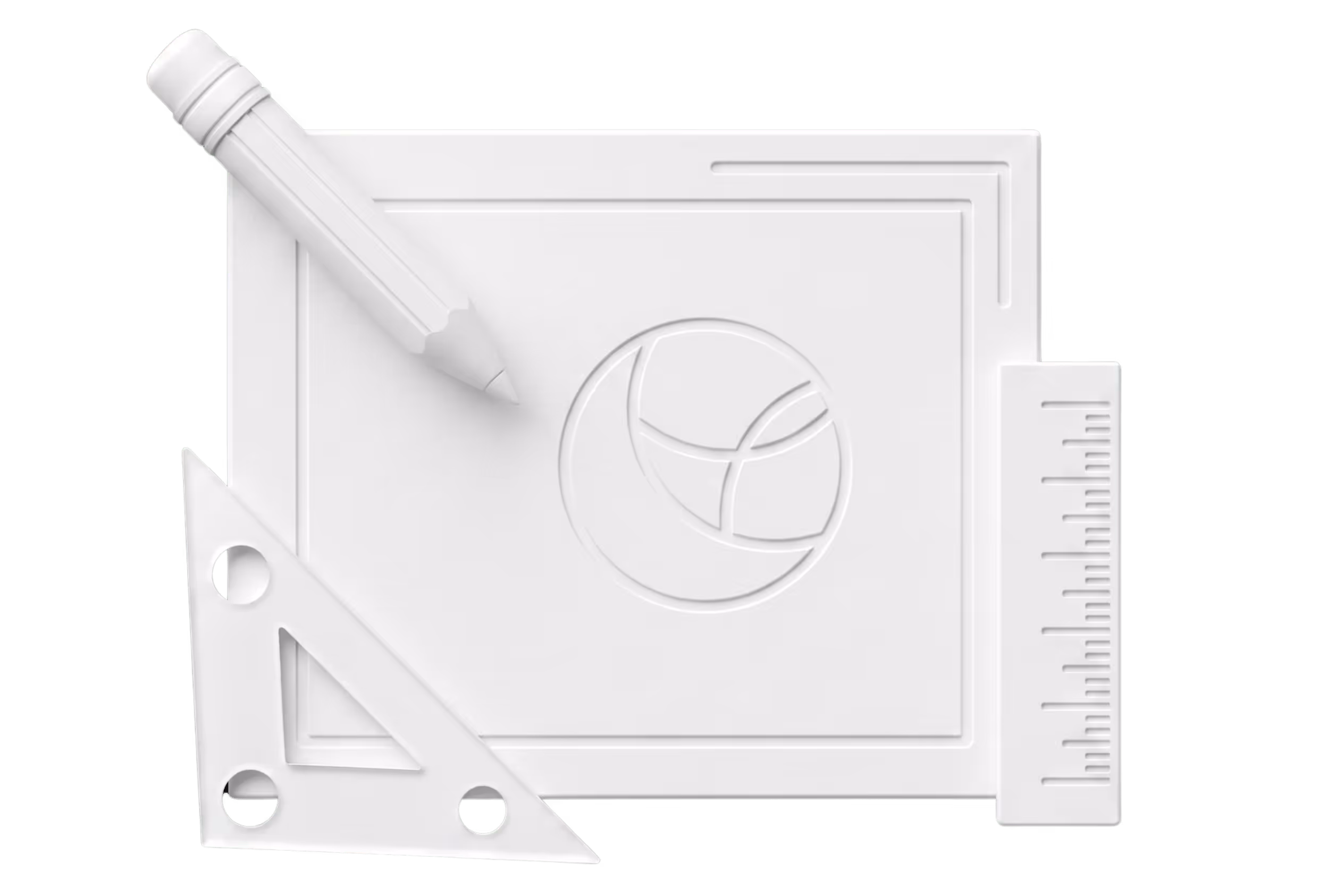 Outils de design incluant un crayon, une équerre et une règle, représentant la création d'image de marque et de logos sur-mesure