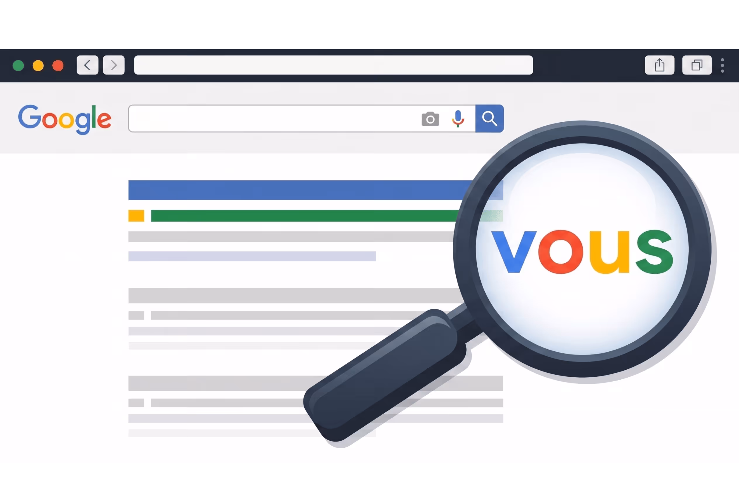 Barre de recherche Google avec une loupe ciblant votre entreprise, illustrant l'optimisation du SEO local