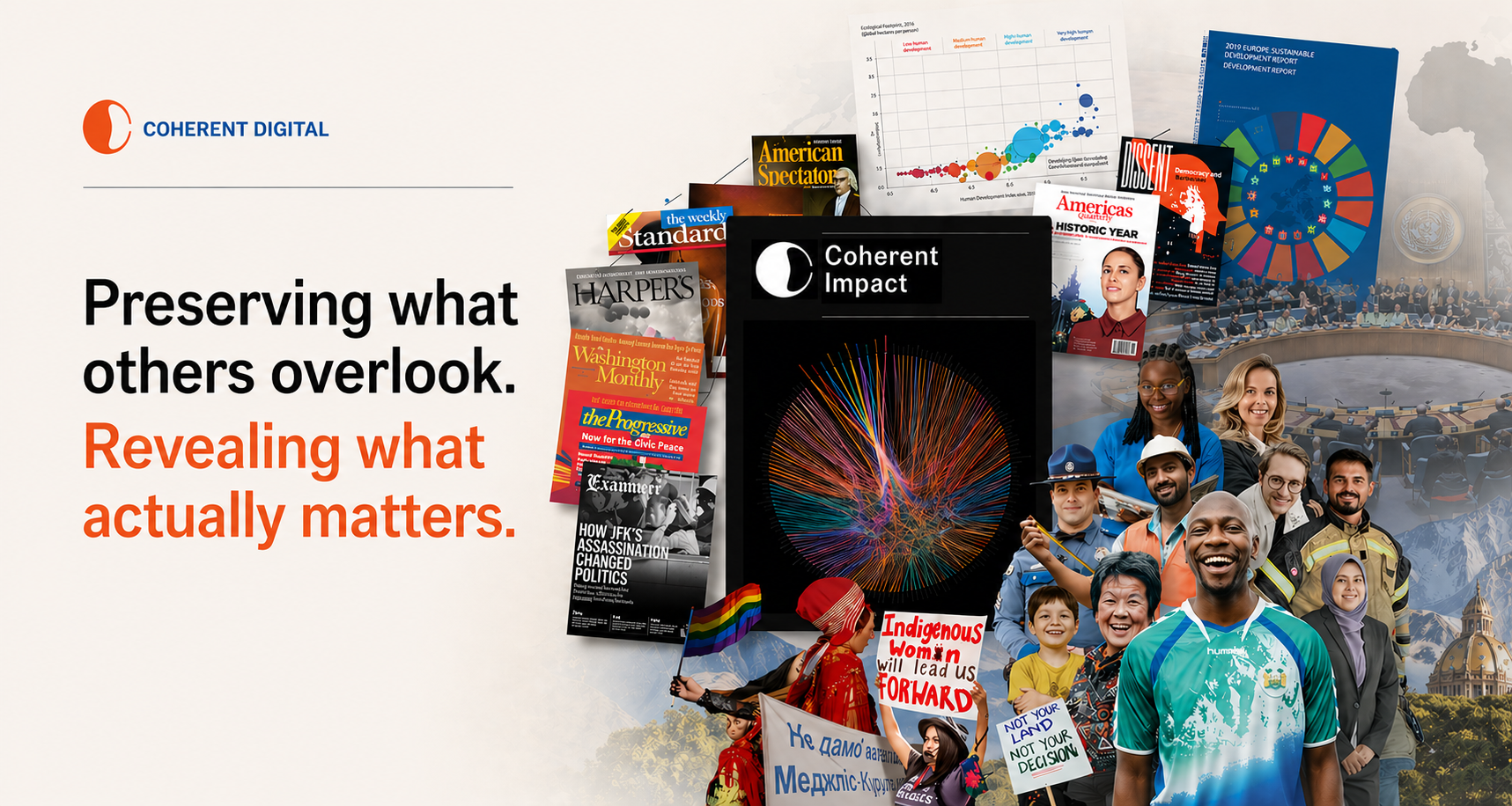 Homepage banner for Coherent Digital with headline ‘Preserving what others overlook. Revealing what actually matters,’ next to a collage of grey literature, a network data visualization, and diverse people illustrating research impact on society and policy.