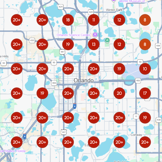 A Google Business Profile ranking matrix. This one shows poor GBP ranking over central Florida.