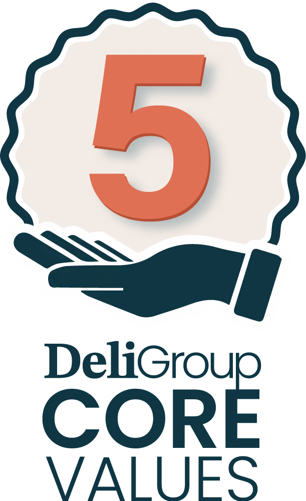 A hand icon holding a badge with the number 5 and text below: DeliGroup Core Values.