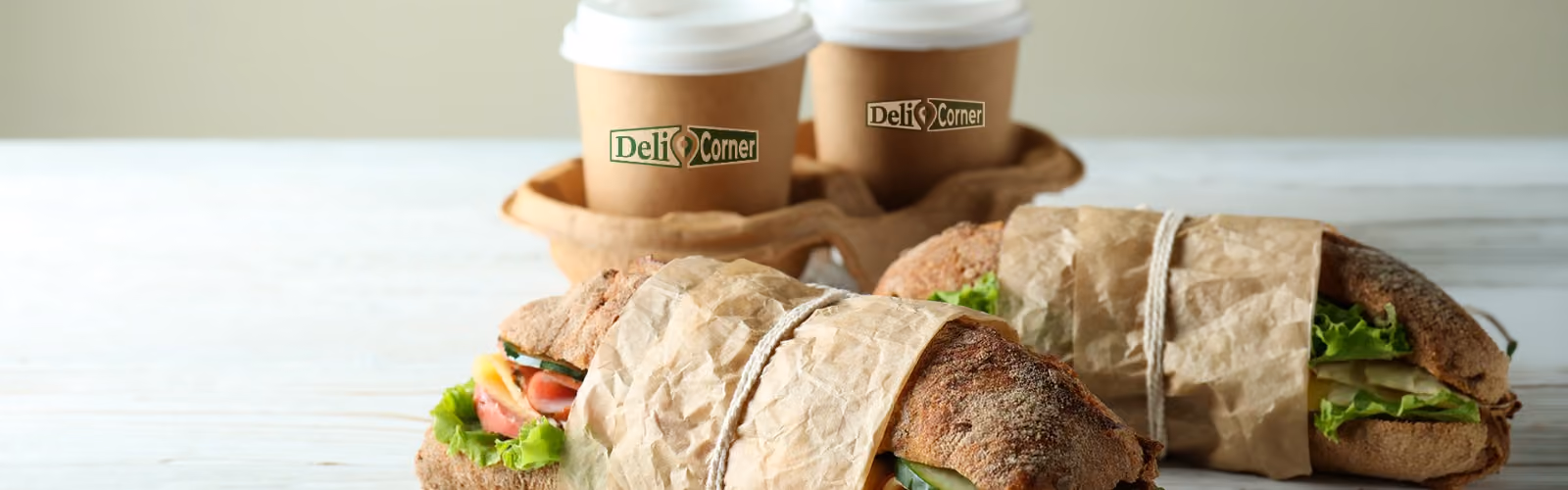 Two wrapped sandwiches with lettuce and two coffee cups labeled Deli Corner on a table.
