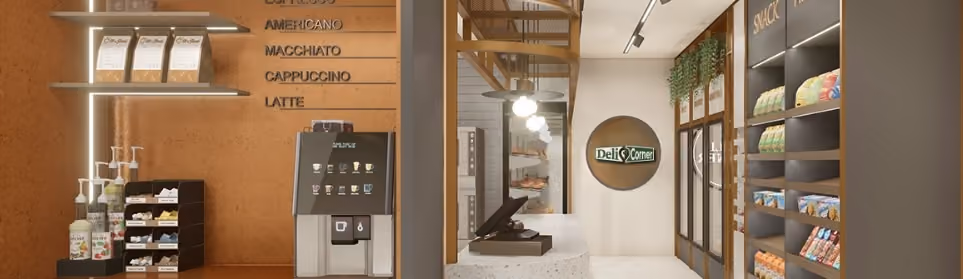 Modern coffee shop counter with espresso machine, menu on wood wall, and snacks on shelves.