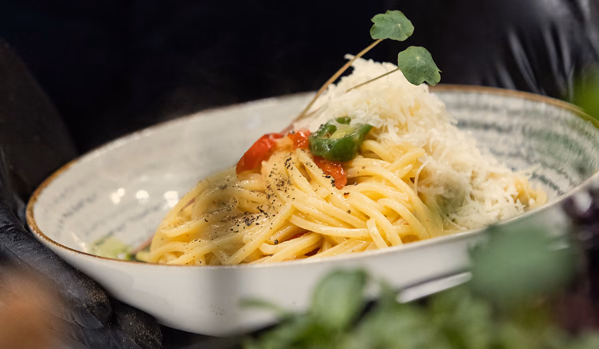 A seasonal dish plated in a contemporary style